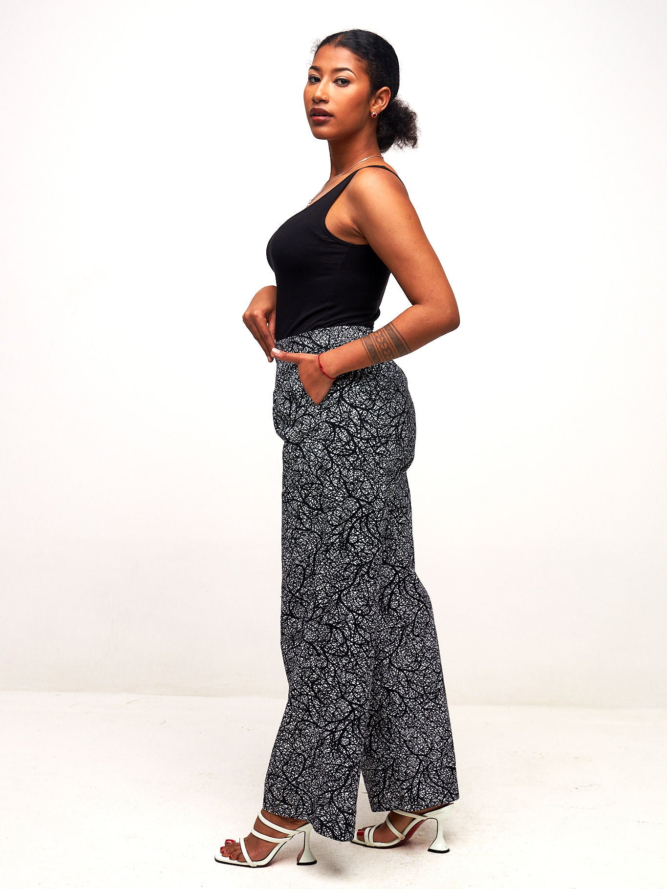 Vivo Kitenge Wide Leg Pants - Black / White Ankara Print