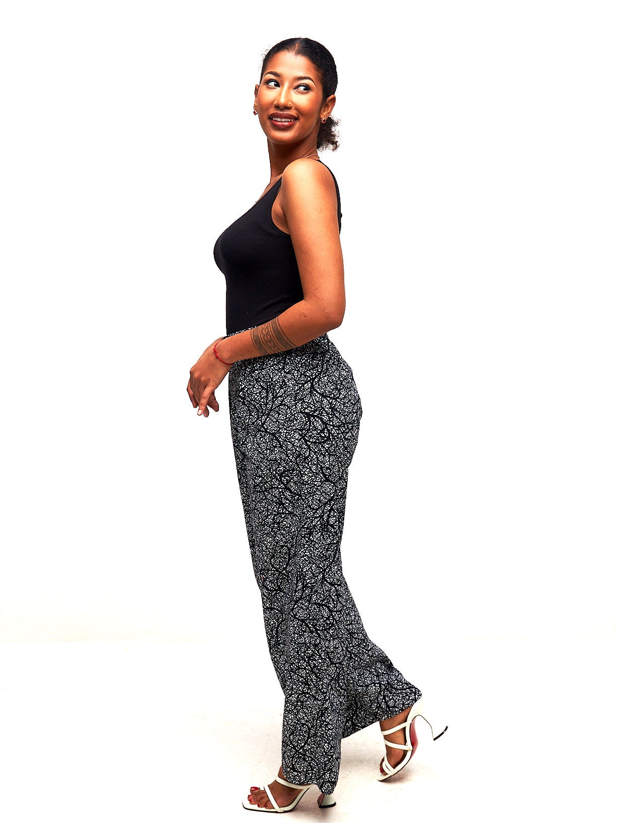 Vivo Kitenge Wide Leg Pants - Black / White Ankara Print