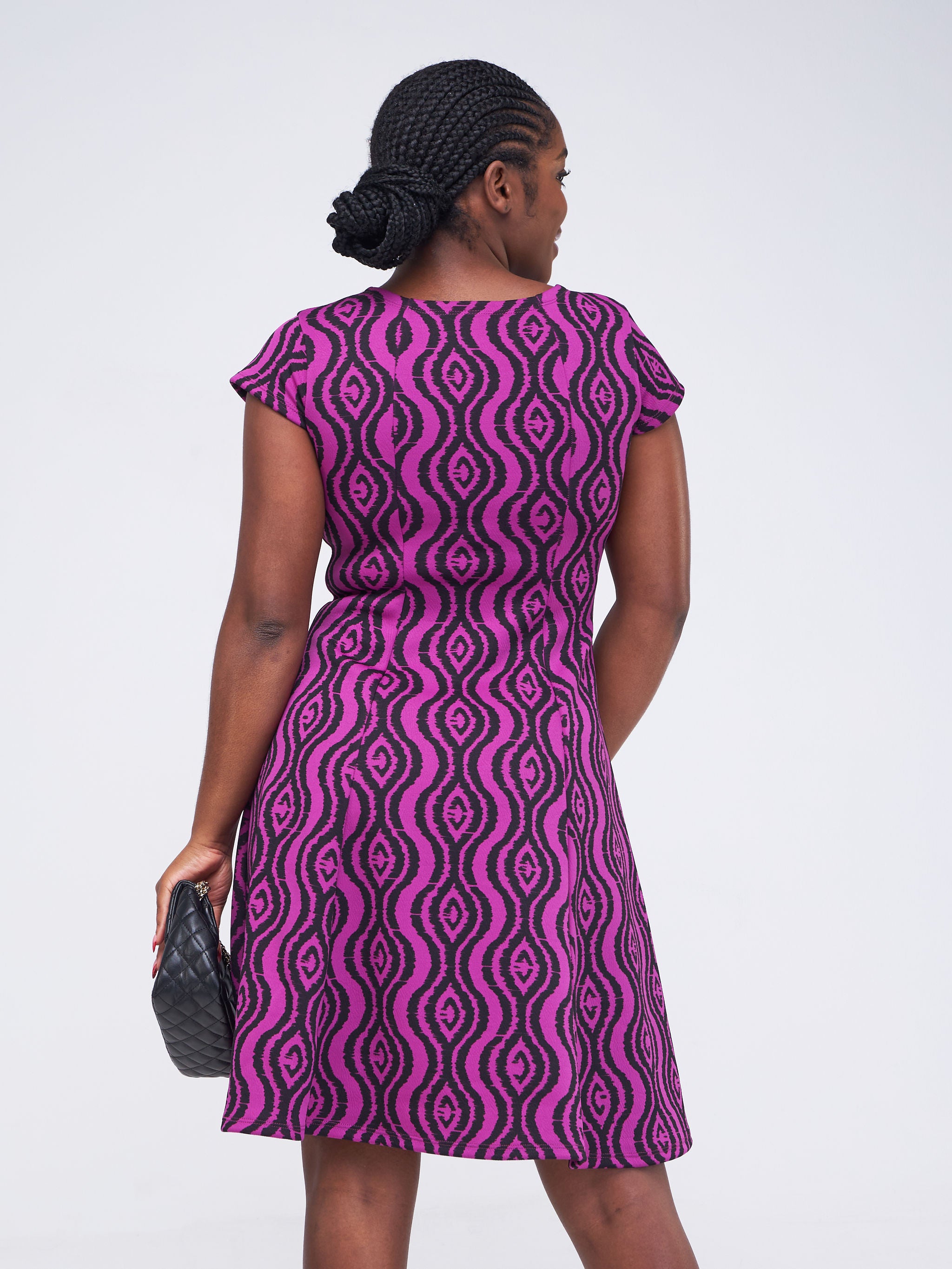 Vivo Hema Cap Sleeve Panel A-Line Dress - Purple / Black Abstract Print