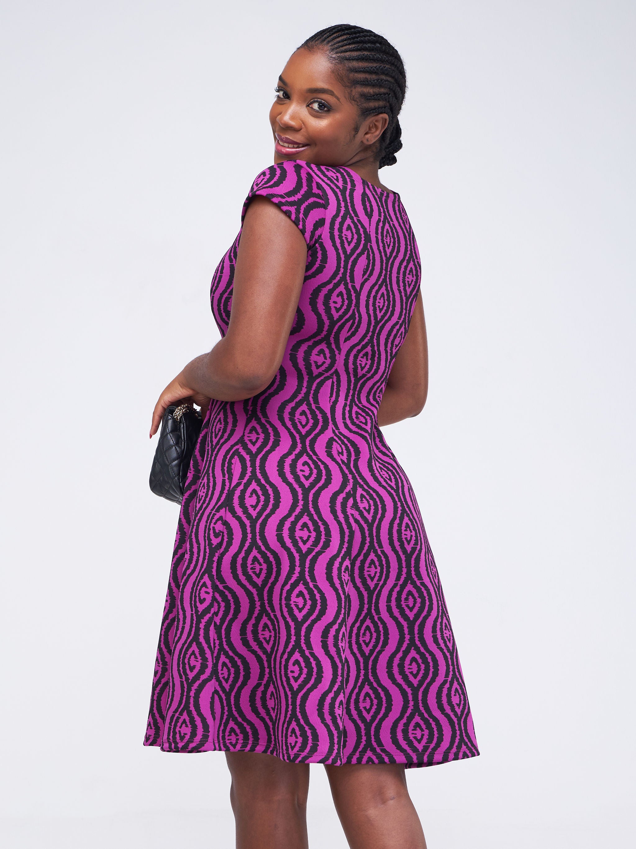 Vivo Hema Cap Sleeve Panel A-Line Dress - Purple / Black Abstract Print