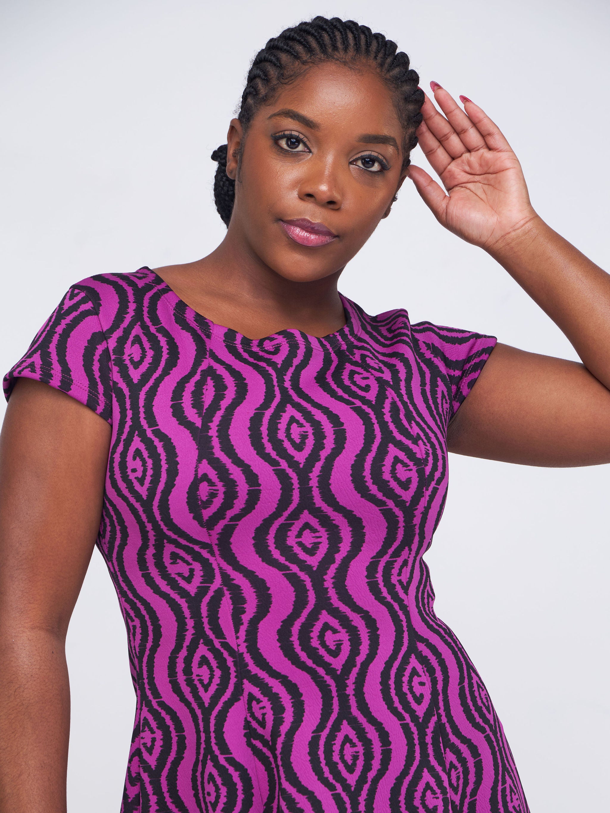 Vivo Hema Cap Sleeve Panel A-Line Dress - Purple / Black Abstract Print