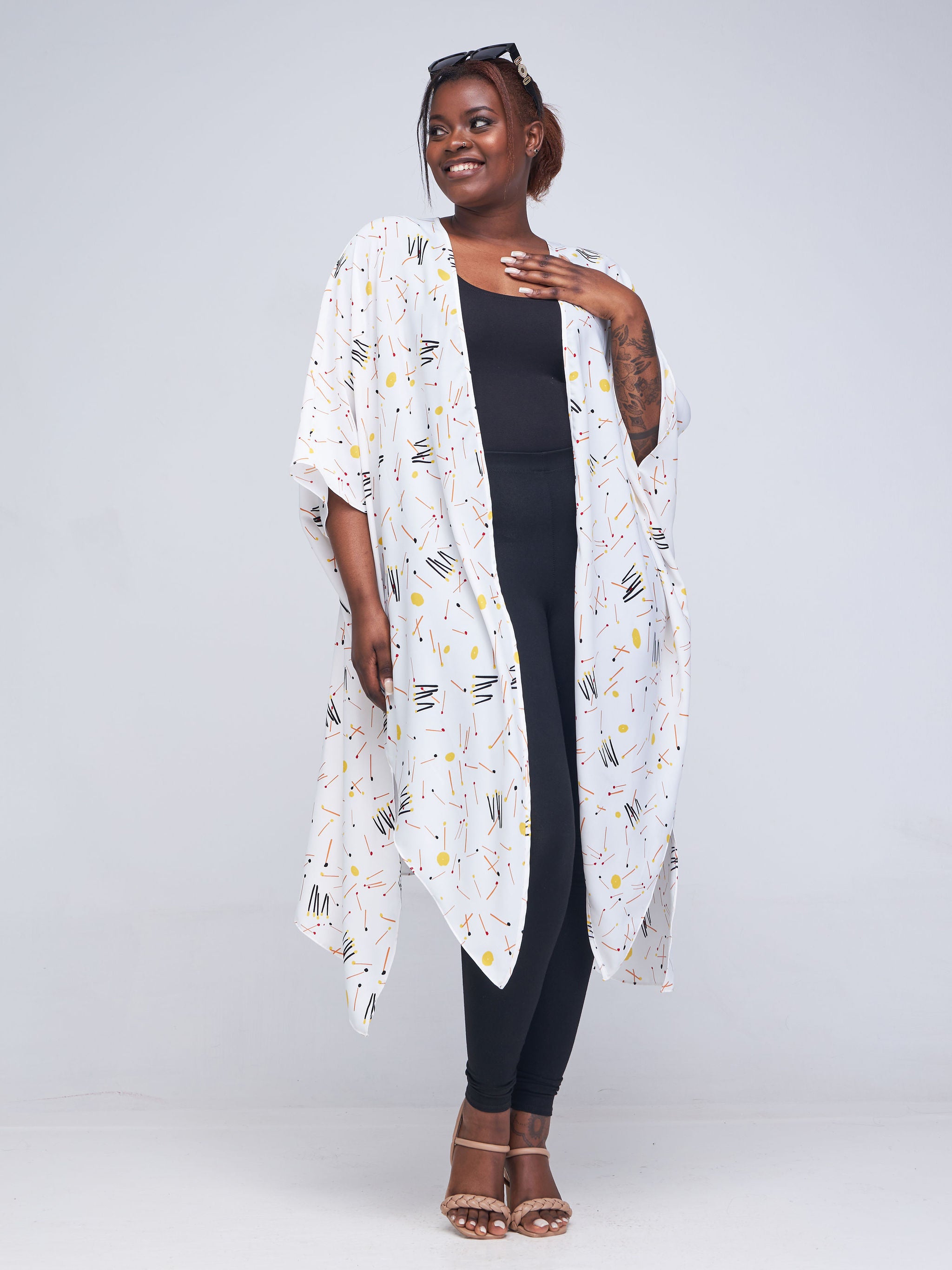 Vivo Asika Handkerchief Drape Kimono - White / Yellow Polka Dot Print