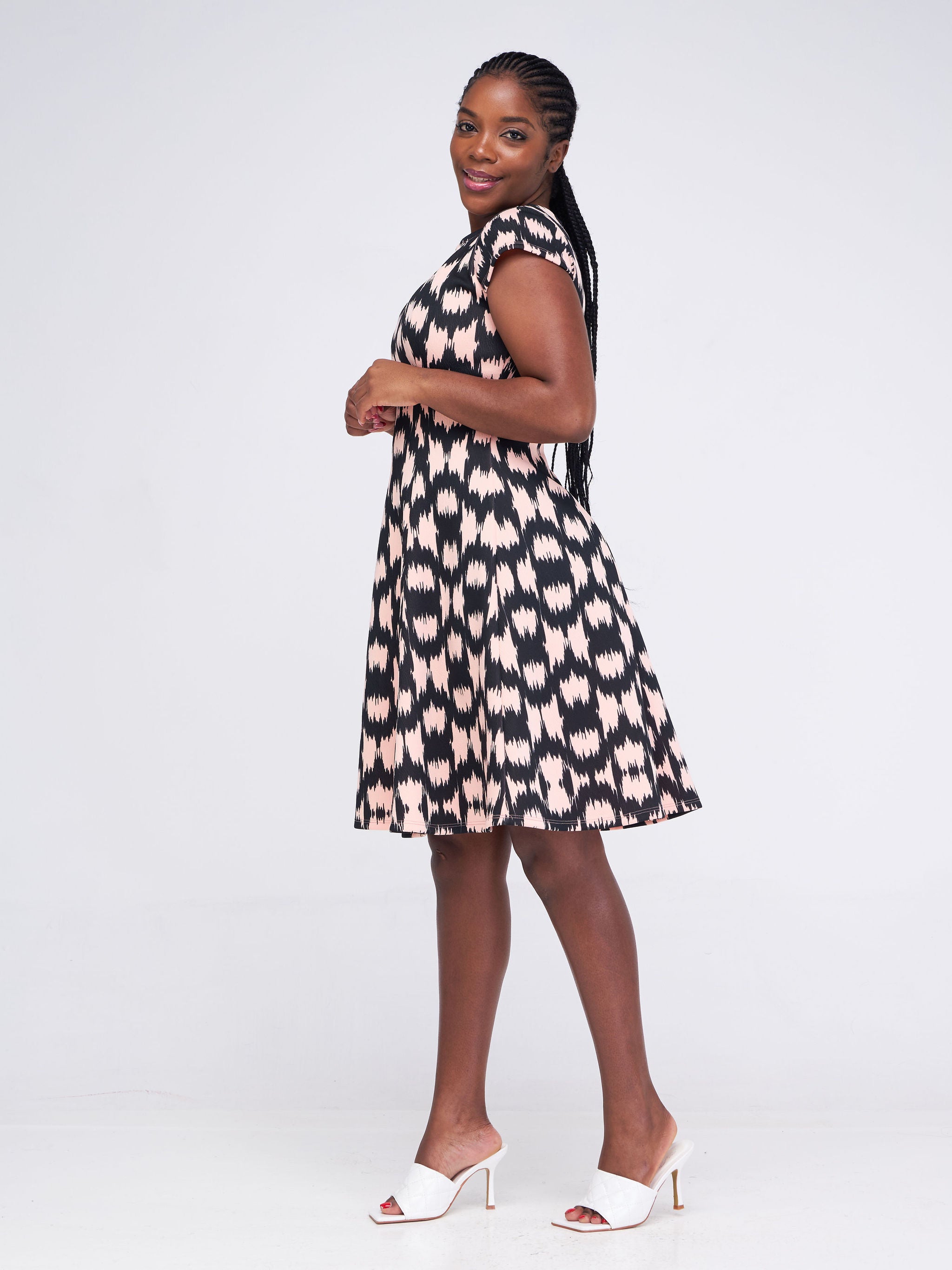 Vivo Hema Cap Sleeve Panel A-Line Dress - Peach / Black Abstract Print
