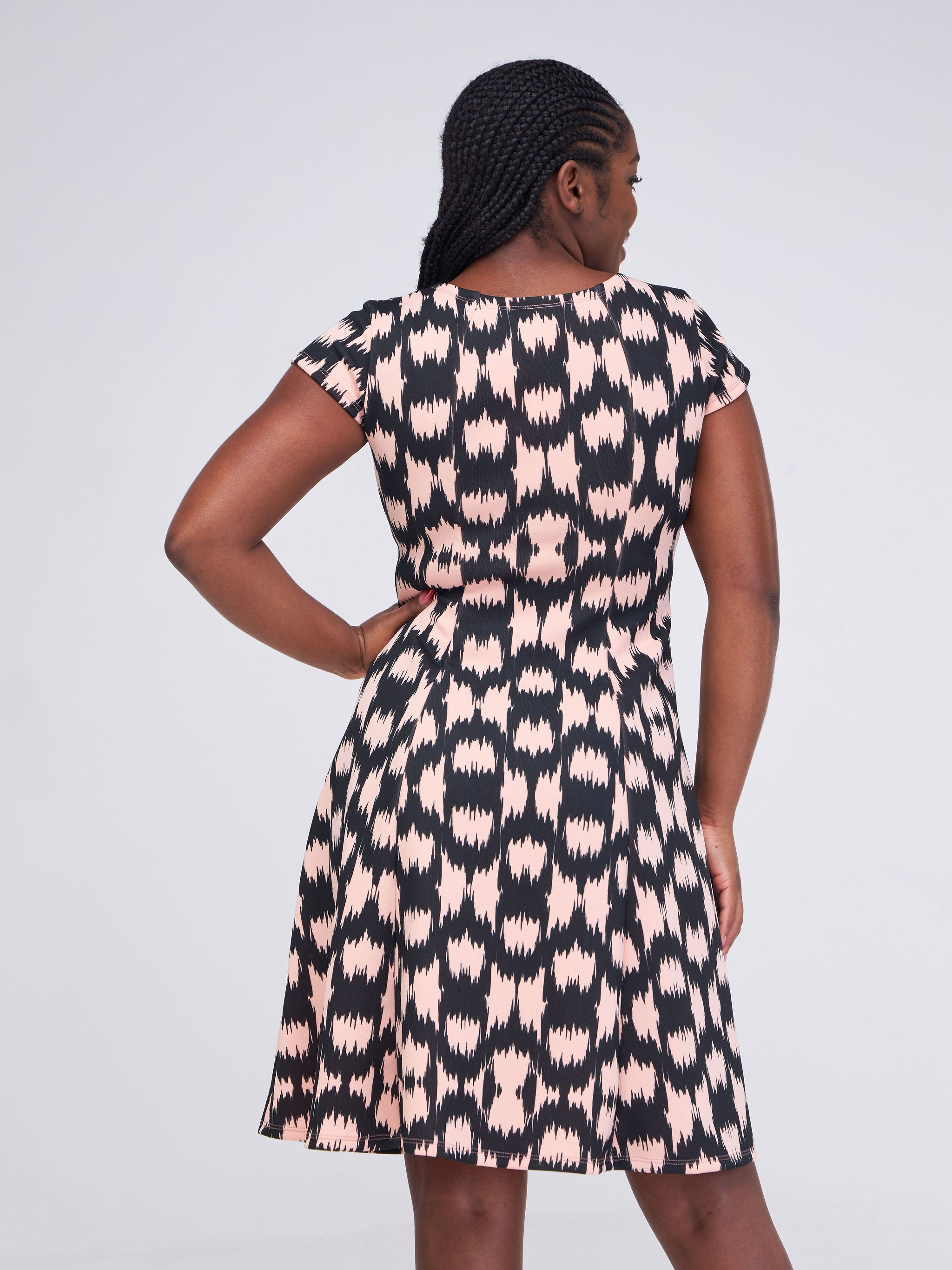 Vivo Hema Cap Sleeve Panel A-Line Dress - Peach / Black Abstract Print