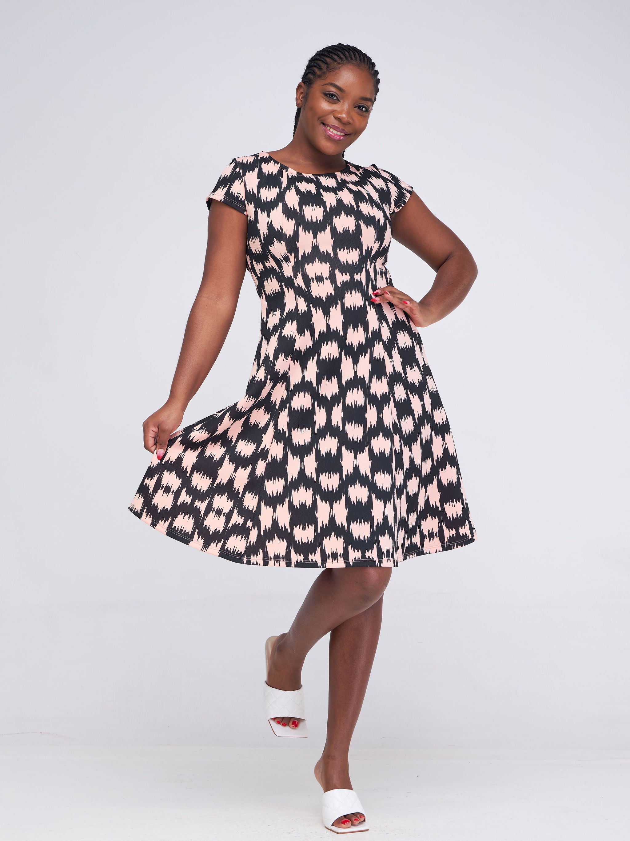 Vivo Hema Cap Sleeve Panel A-Line Dress - Peach / Black Abstract Print