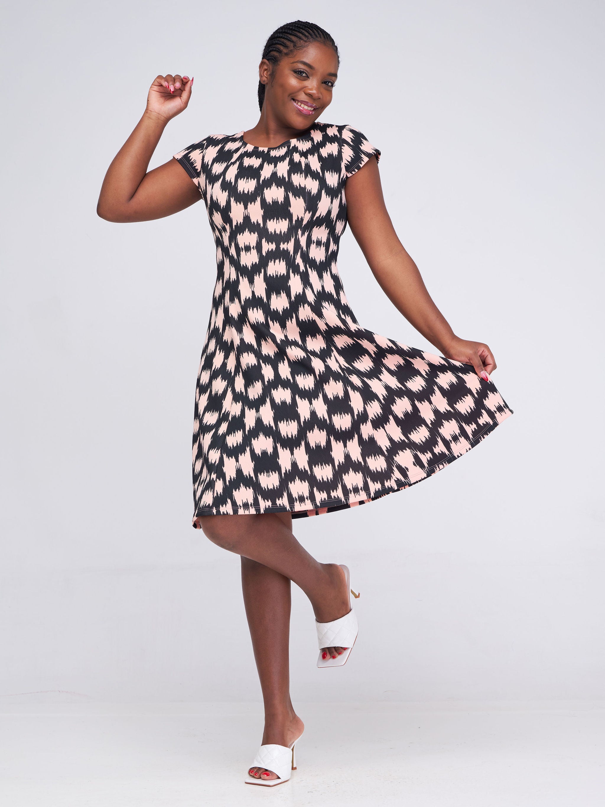 Vivo Hema Cap Sleeve Panel A-Line Dress - Peach / Black Abstract Print