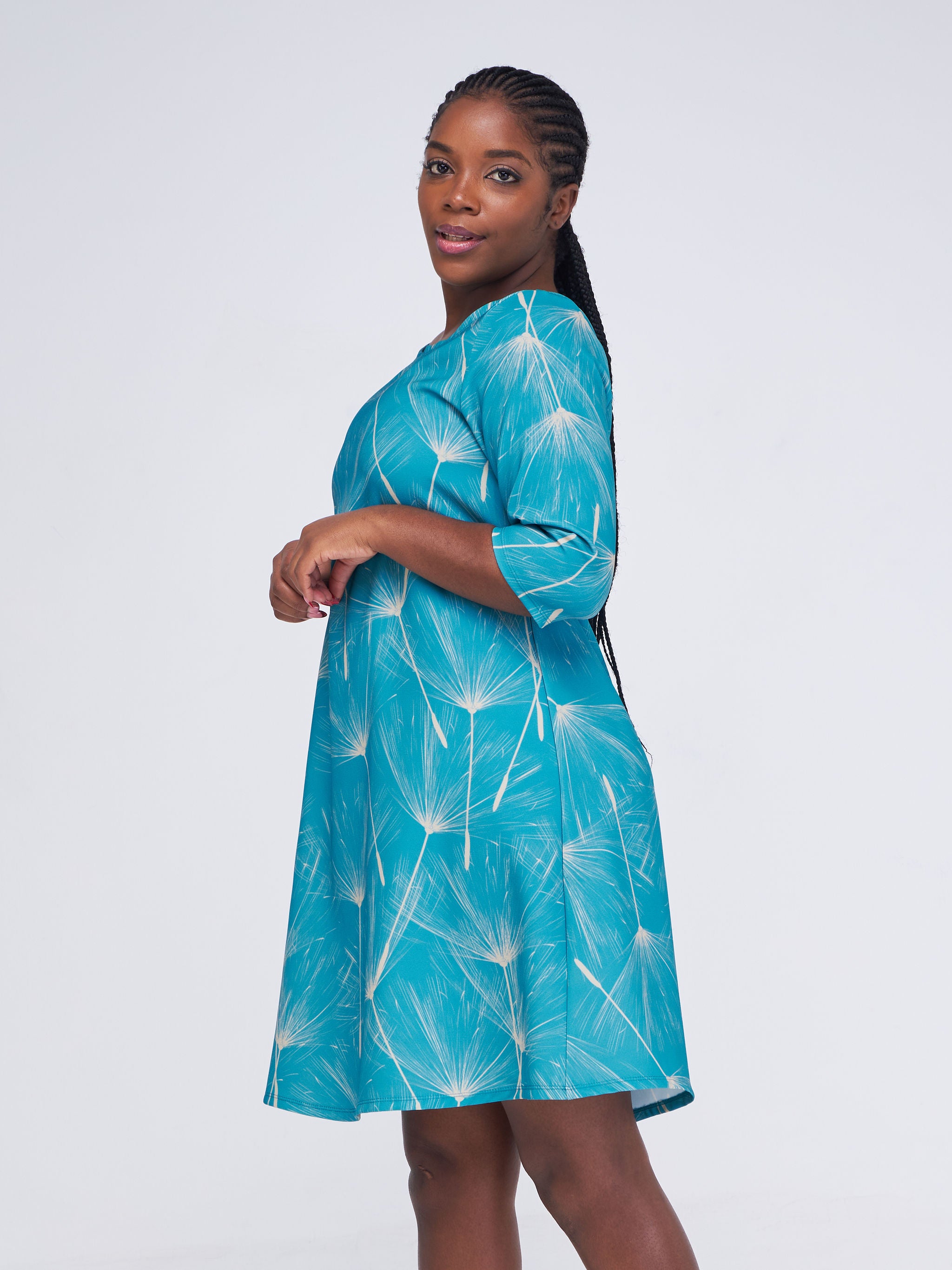 Vivo Basic 3/4 Sleeve Knee Length Tent Dress - Teal / Taupe Abstract Print