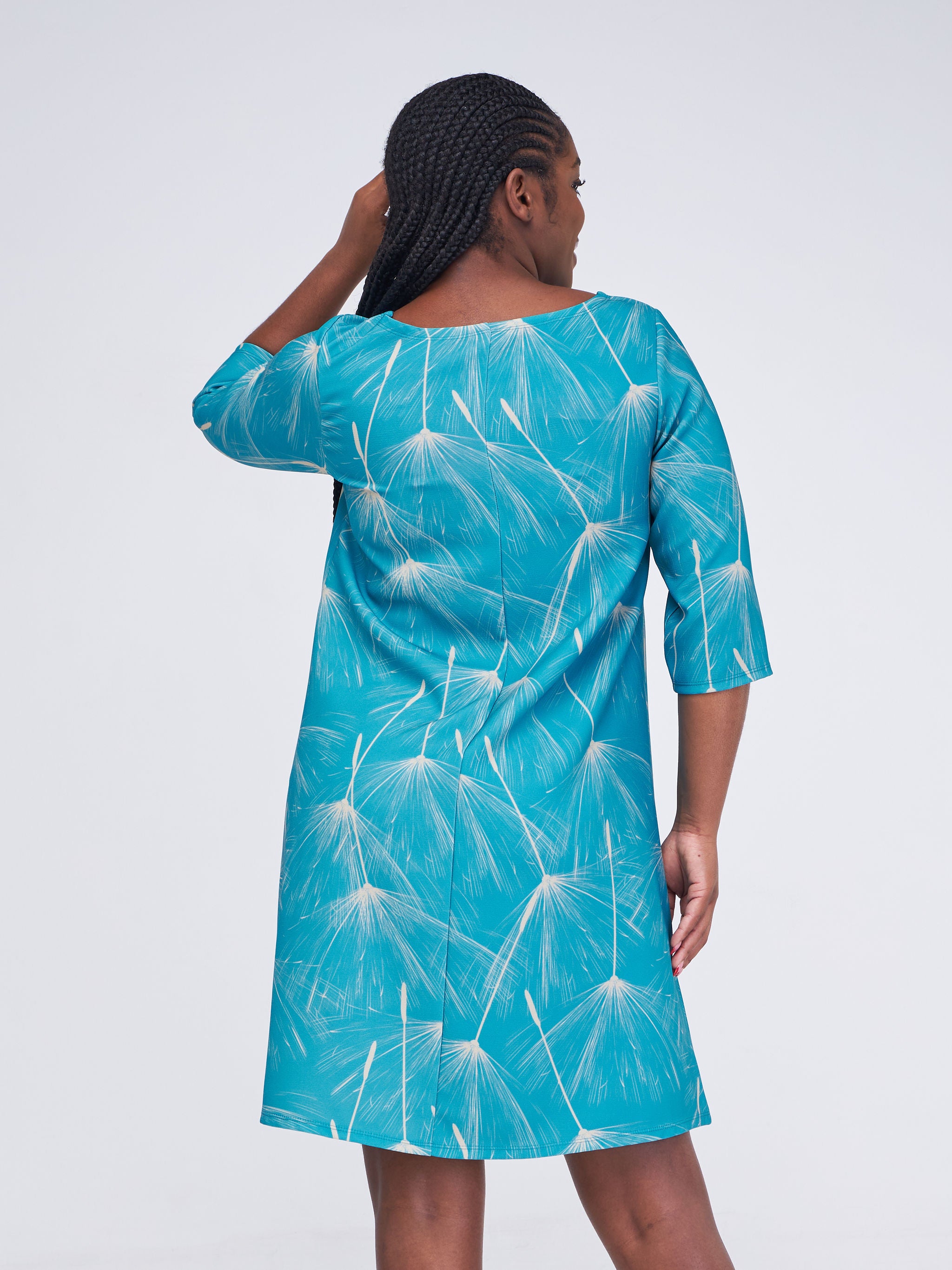 Vivo Basic 3/4 Sleeve Knee Length Tent Dress - Teal / Taupe Abstract Print