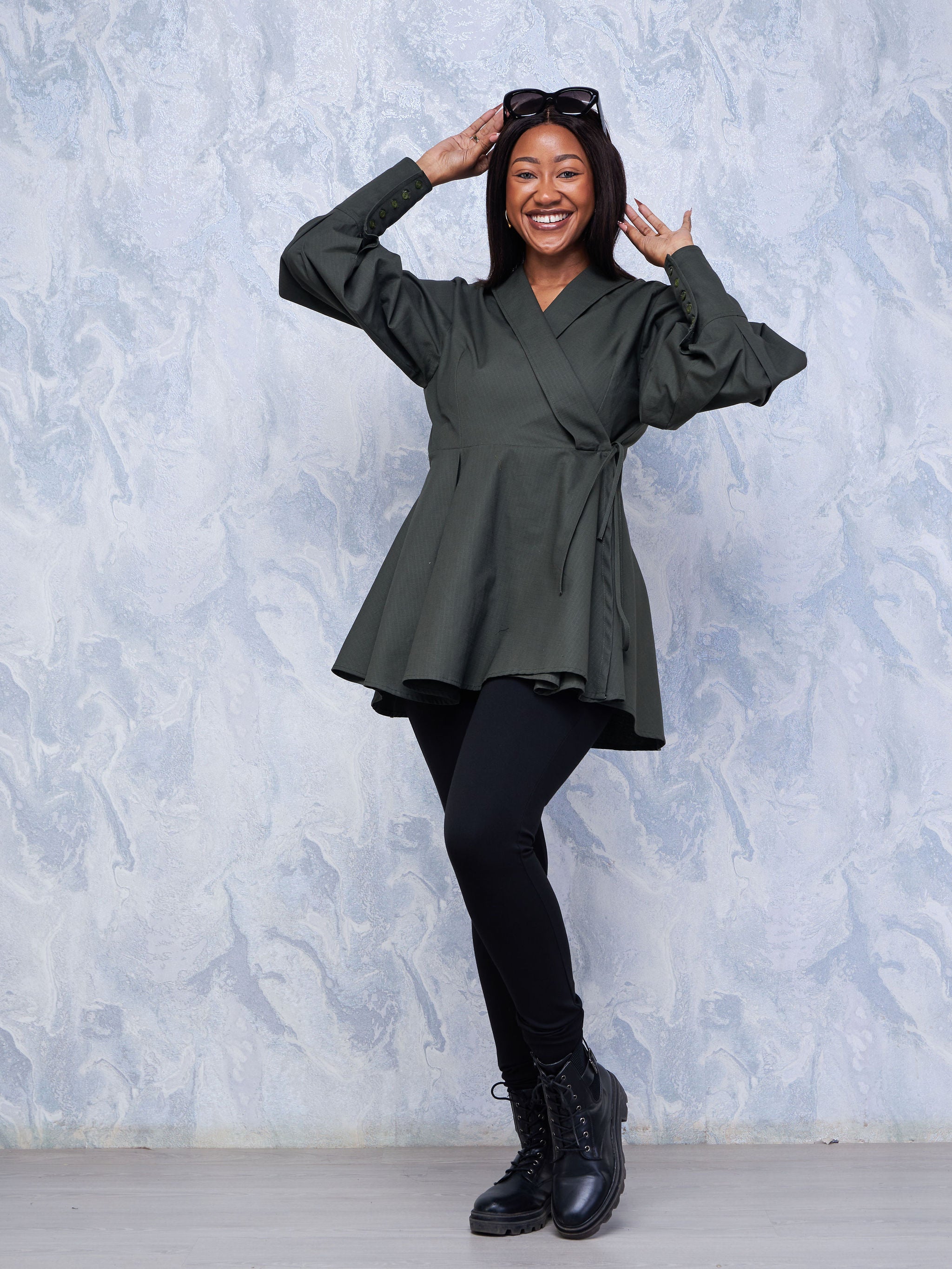 Safari Hawi Peplum Bishop Sleeve Wrap Coat - Hunters Green