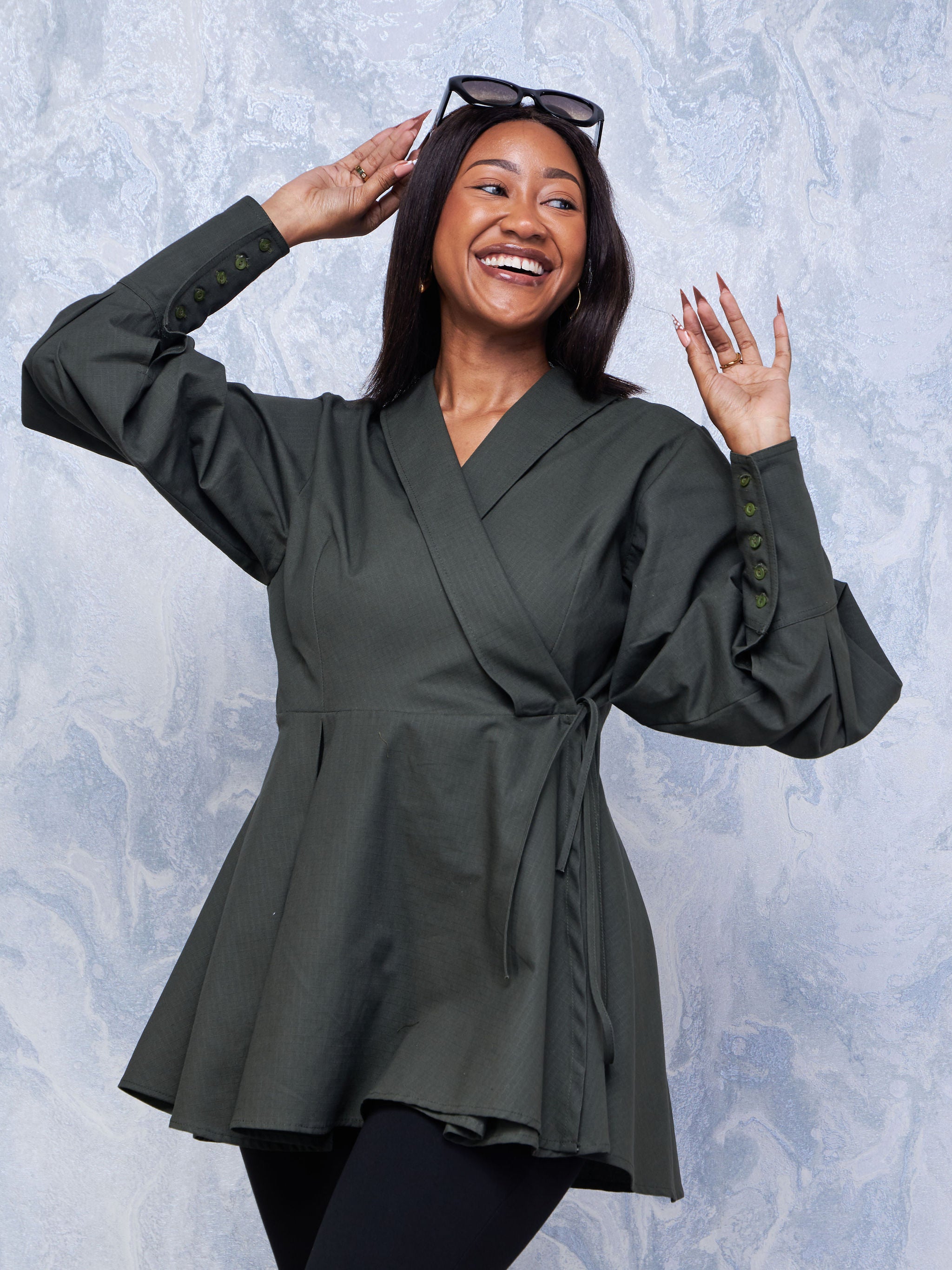 Safari Hawi Peplum Bishop Sleeve Wrap Coat - Hunters Green