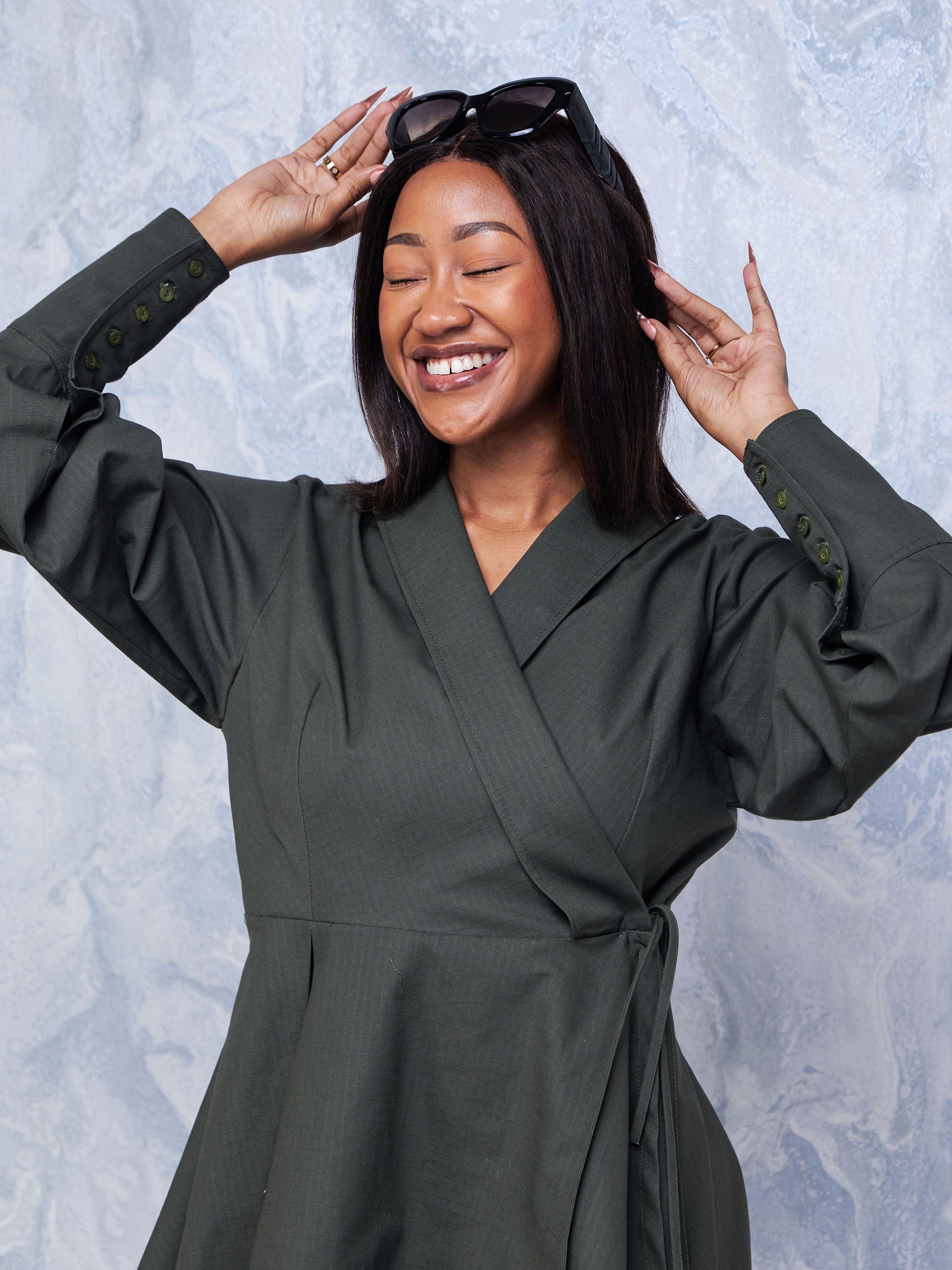 Safari Hawi Peplum Bishop Sleeve Wrap Coat - Hunters Green