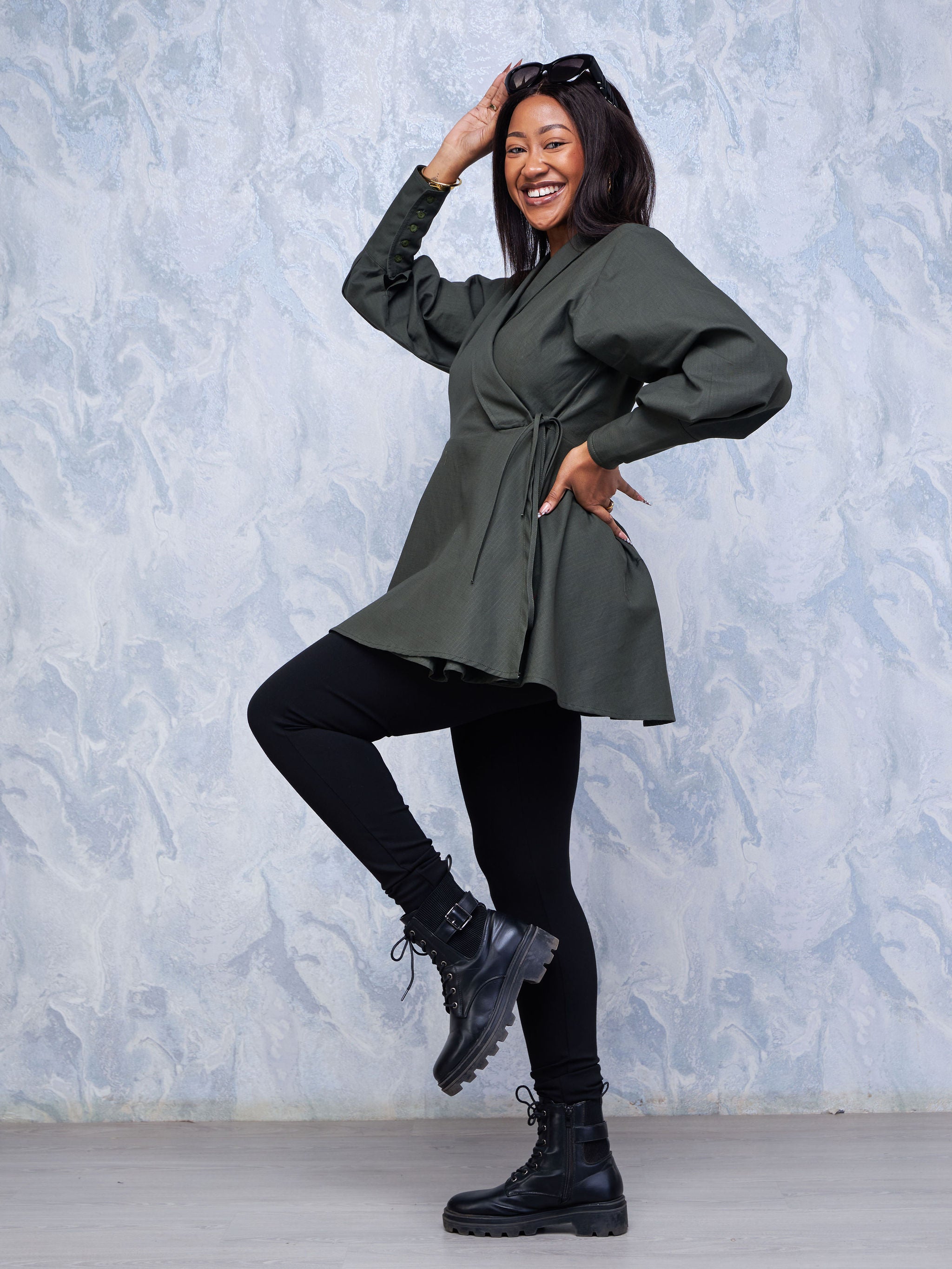 Safari Hawi Peplum Bishop Sleeve Wrap Coat - Hunters Green