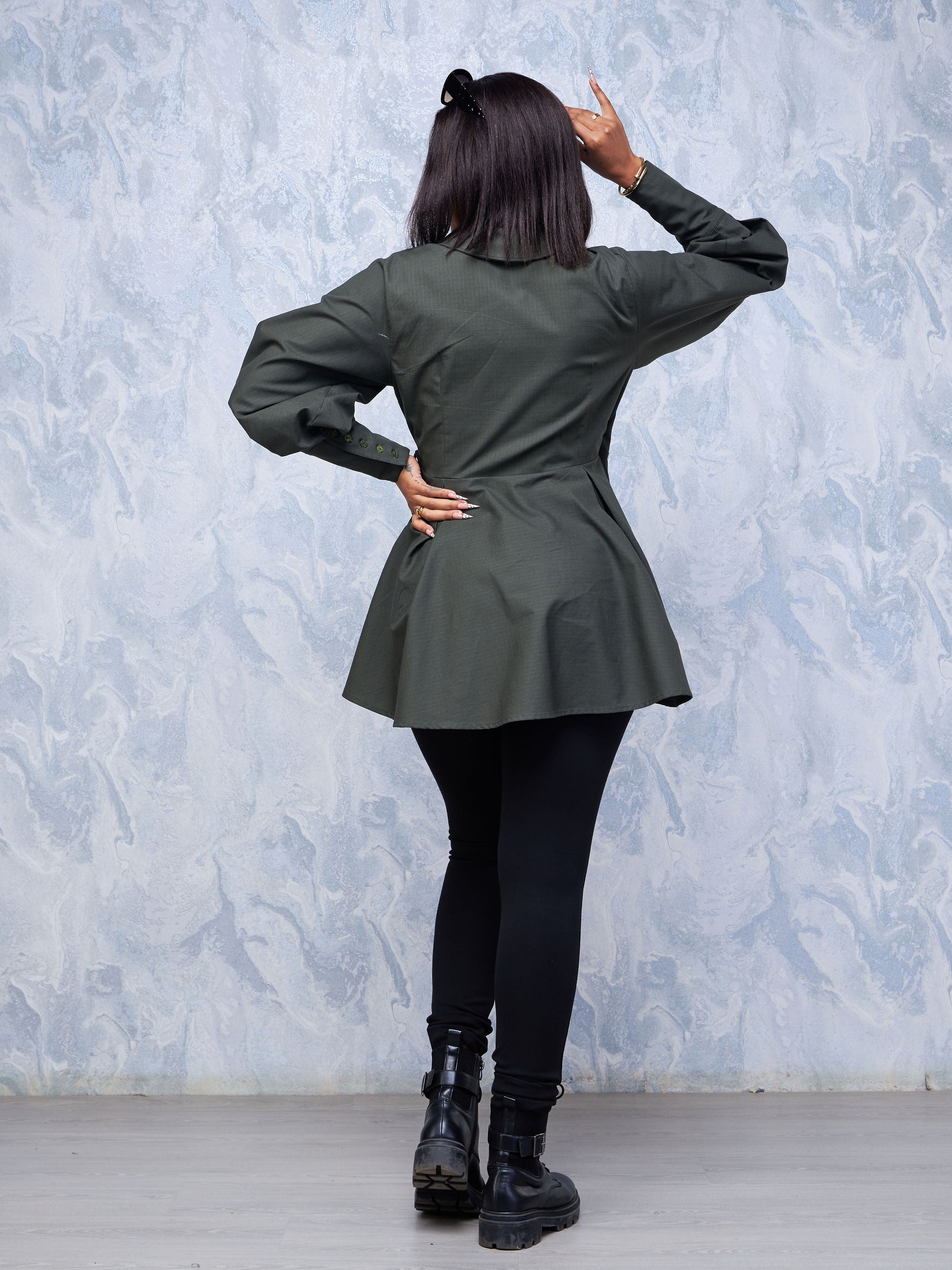 Safari Hawi Peplum Bishop Sleeve Wrap Coat - Hunters Green