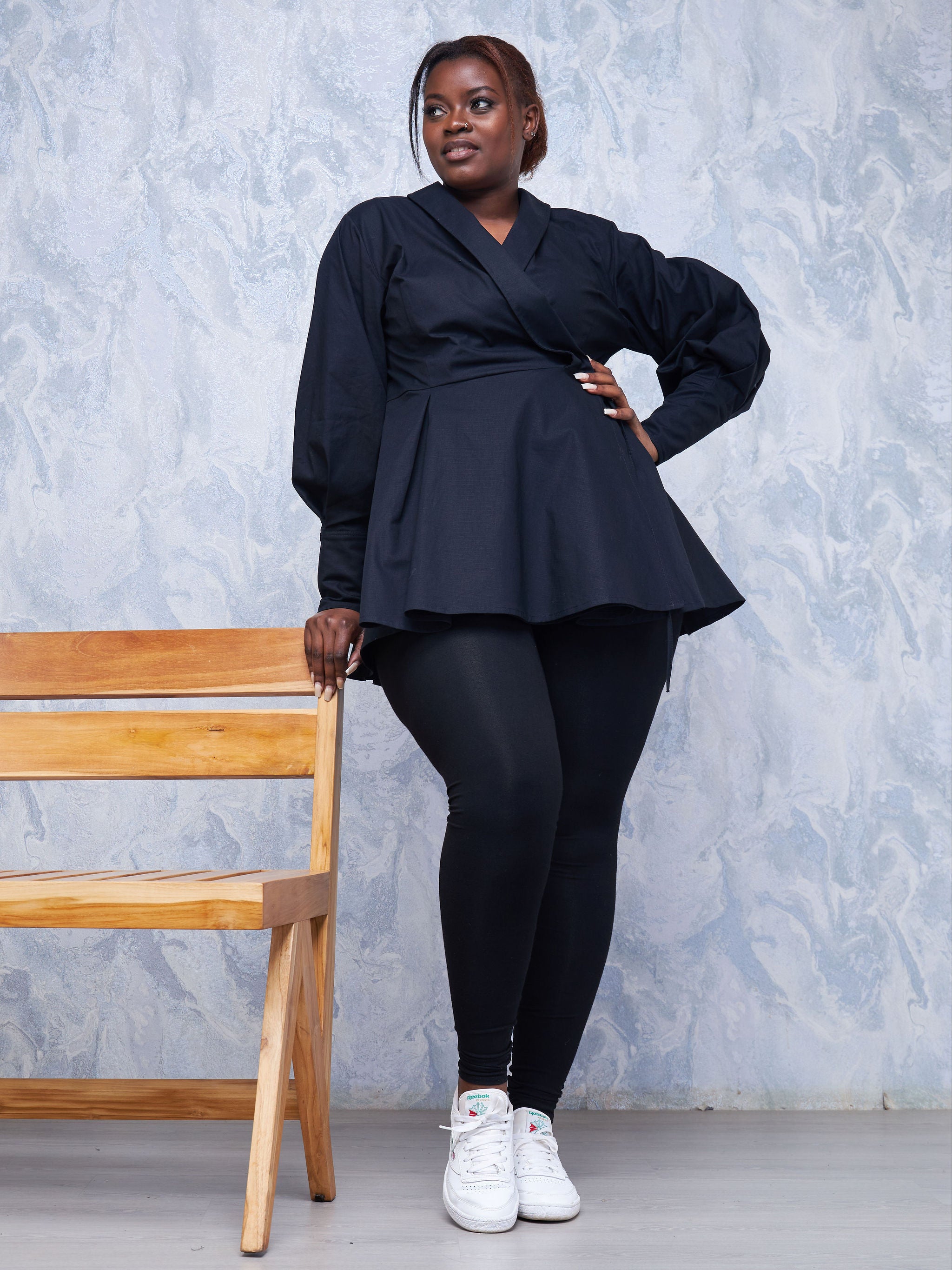 Safari Hawi Peplum Bishop Sleeve Wrap Coat - Black