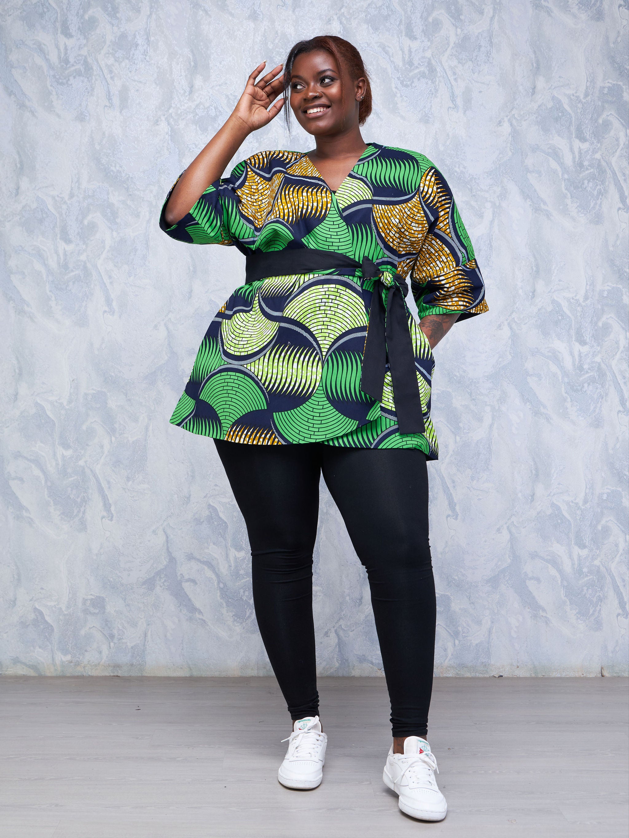Safari Hawi 3/4 Sleeve Reversible Kimono - Green / Brown Ankara Print