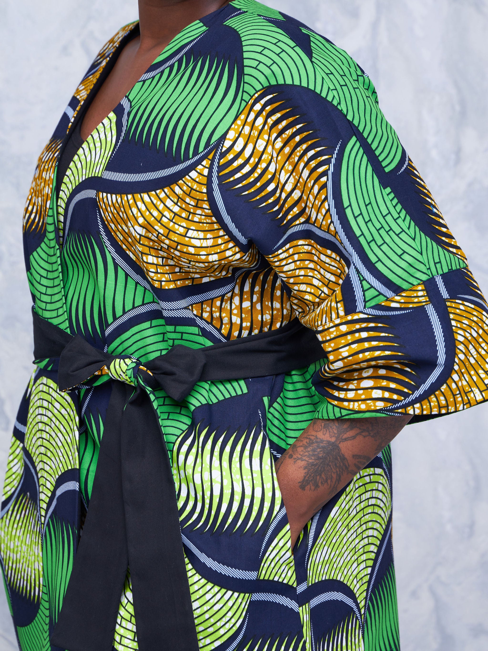 Safari Hawi 3/4 Sleeve Reversible Kimono - Green / Brown Ankara Print