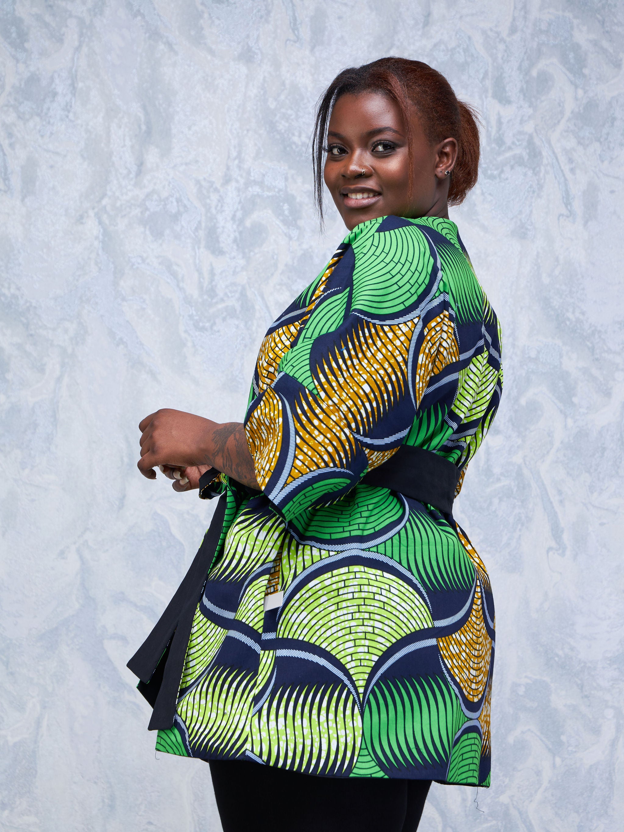 Safari Hawi 3/4 Sleeve Reversible Kimono - Green / Brown Ankara Print