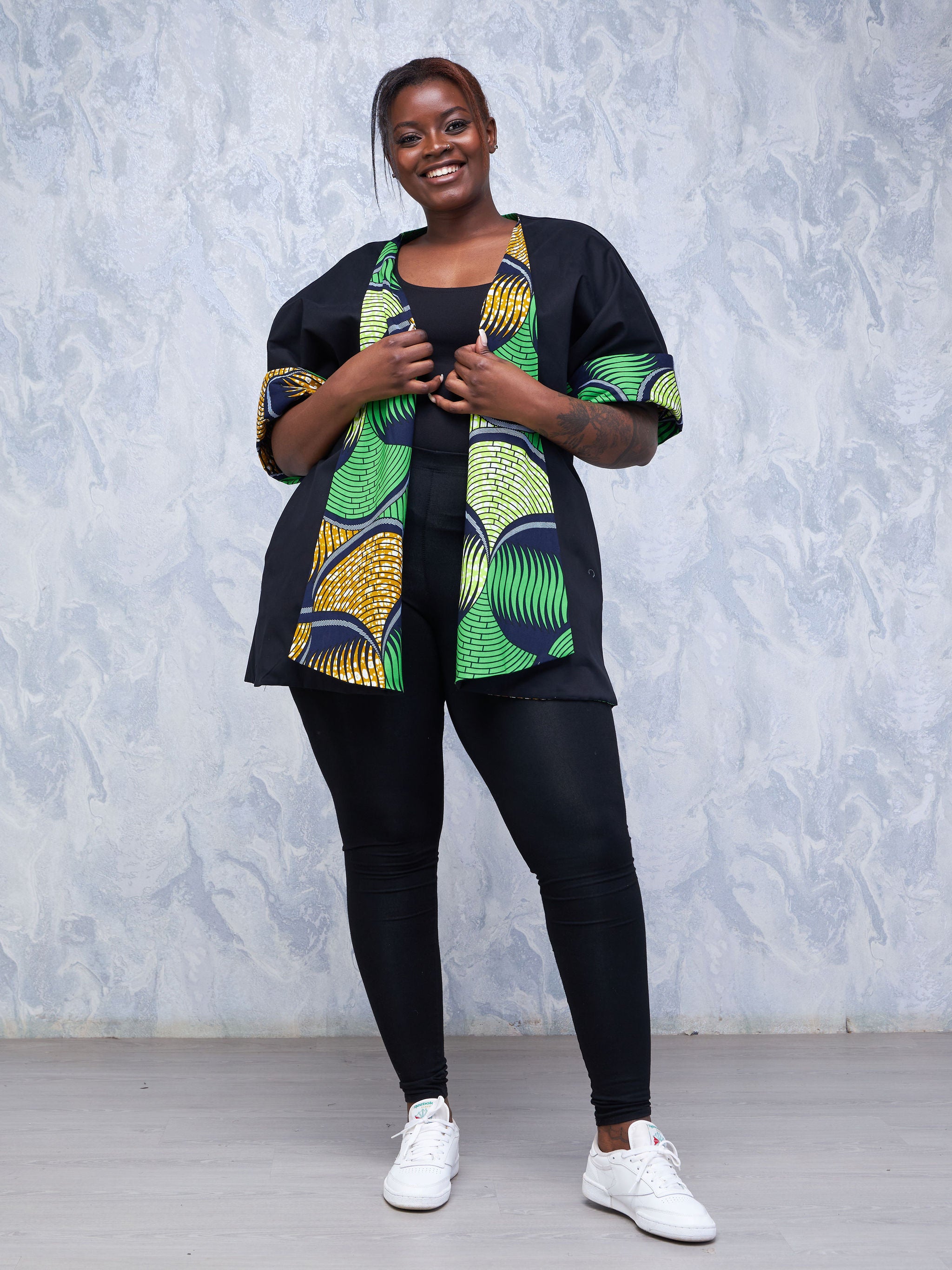 Safari Hawi 3/4 Sleeve Reversible Kimono - Green / Brown Ankara Print