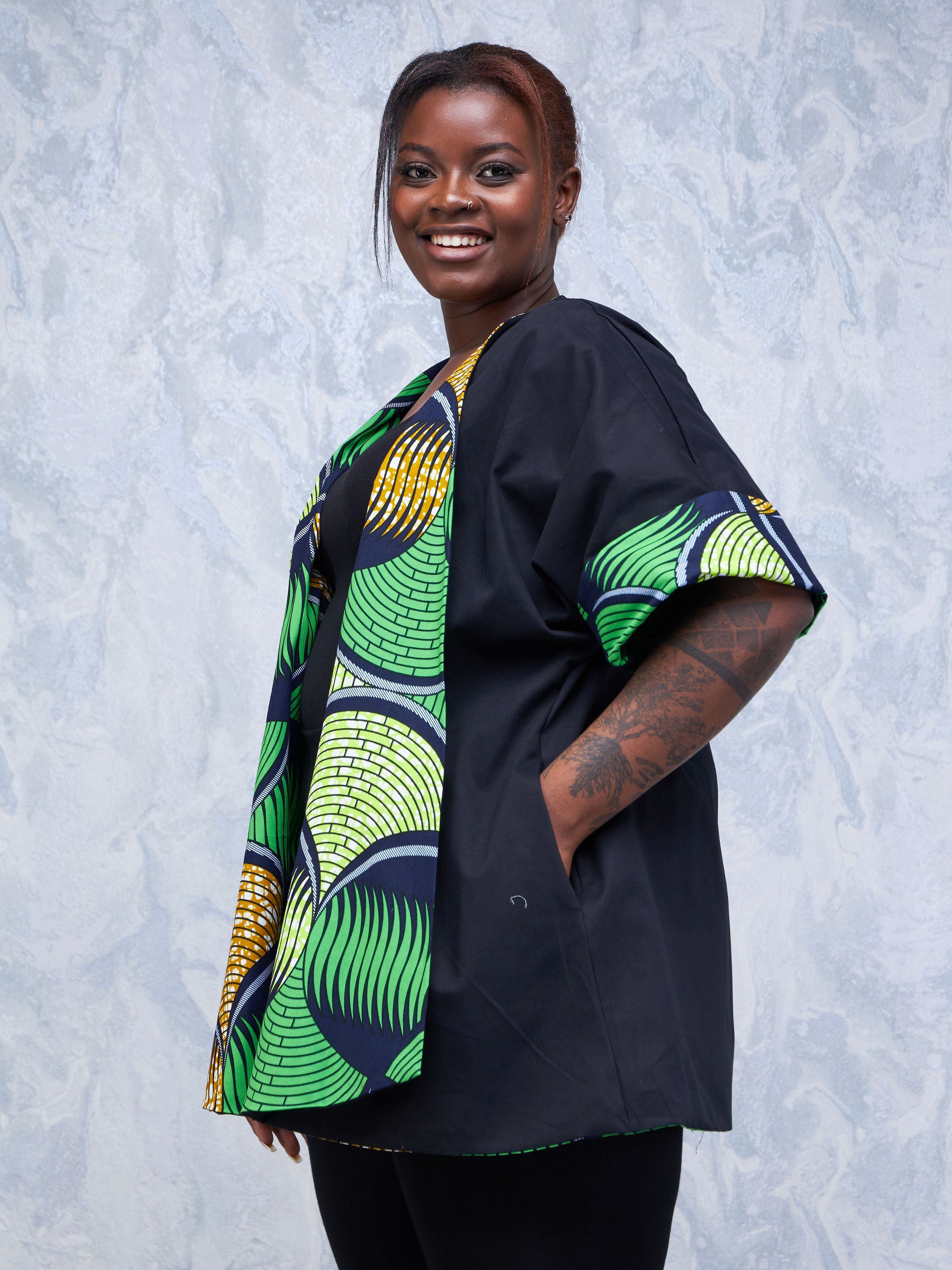 Safari Hawi 3/4 Sleeve Reversible Kimono - Green / Brown Ankara Print
