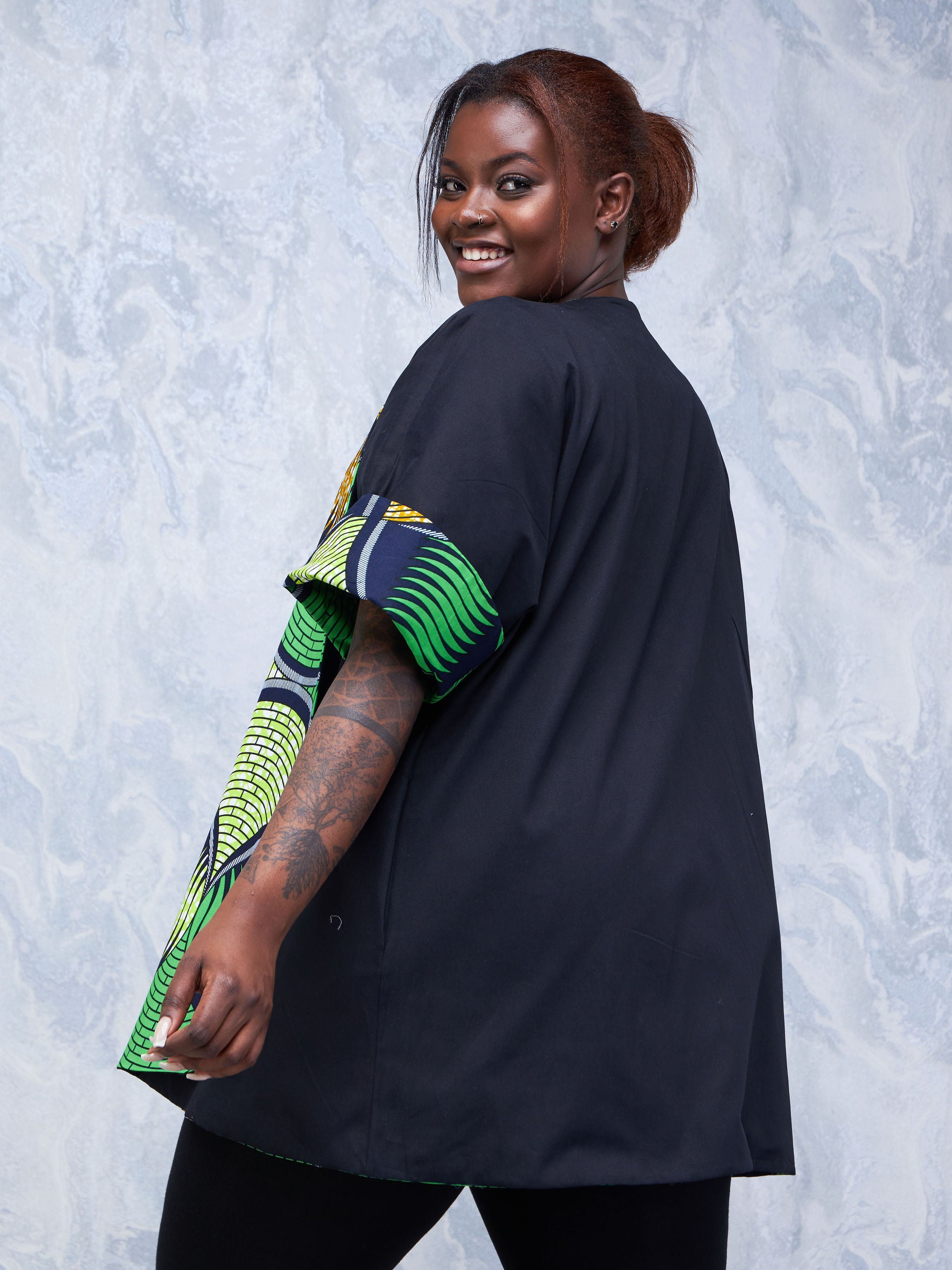 Safari Hawi 3/4 Sleeve Reversible Kimono - Green / Brown Ankara Print