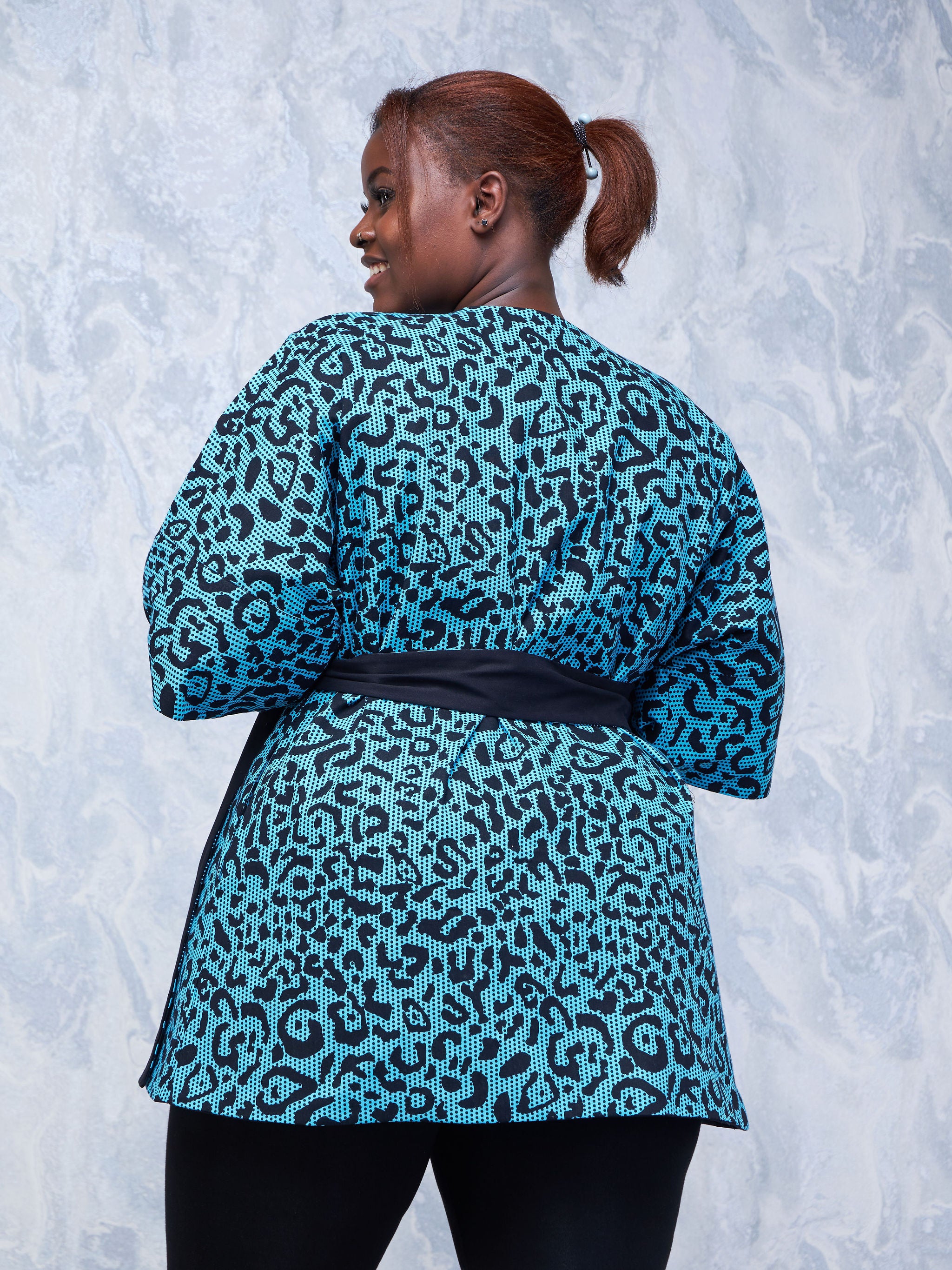 Safari Hawi 3/4 Sleeve Reversible Kimono - Blue / Black Ankara Print