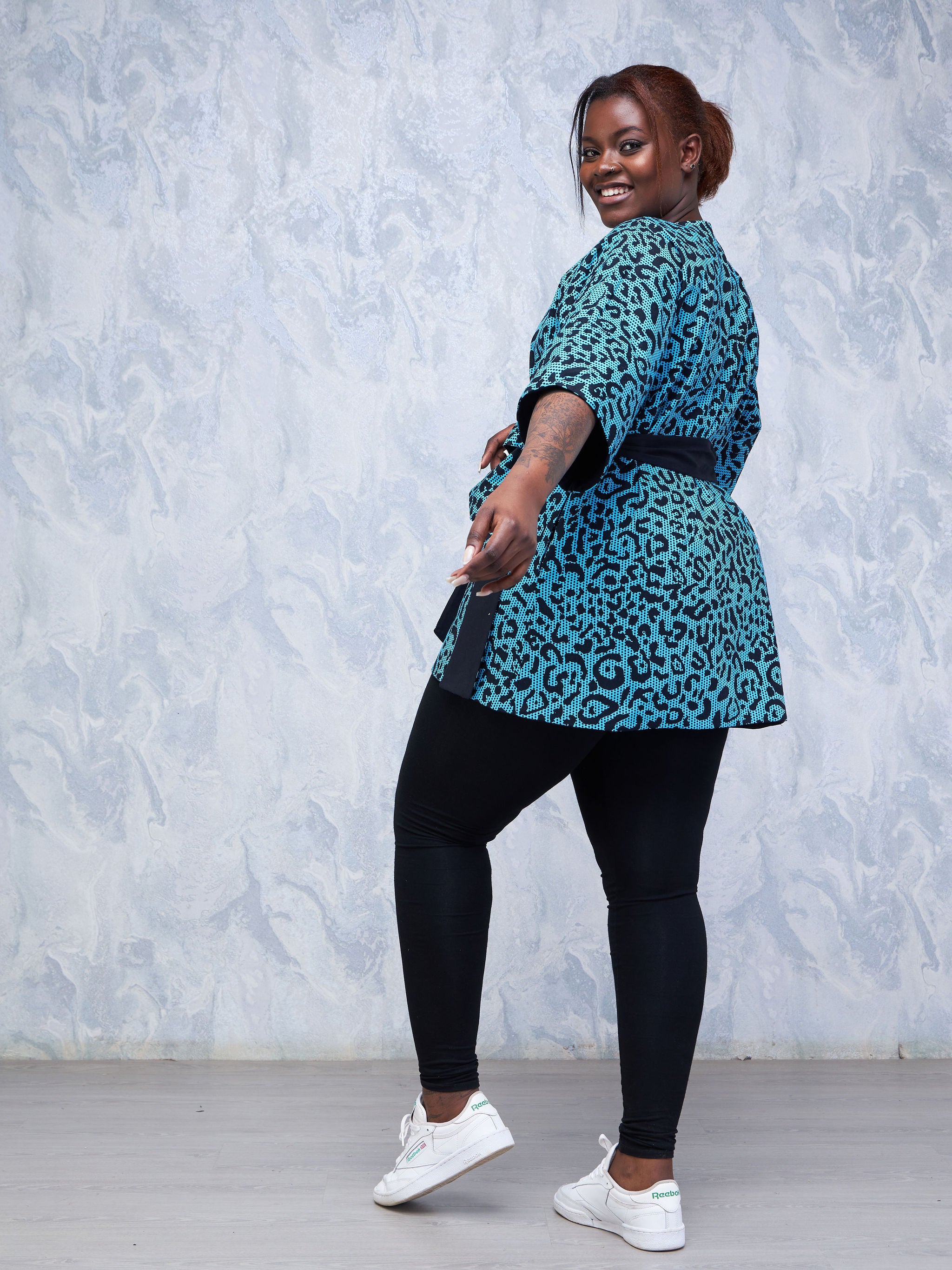 Safari Hawi 3/4 Sleeve Reversible Kimono - Blue / Black Ankara Print