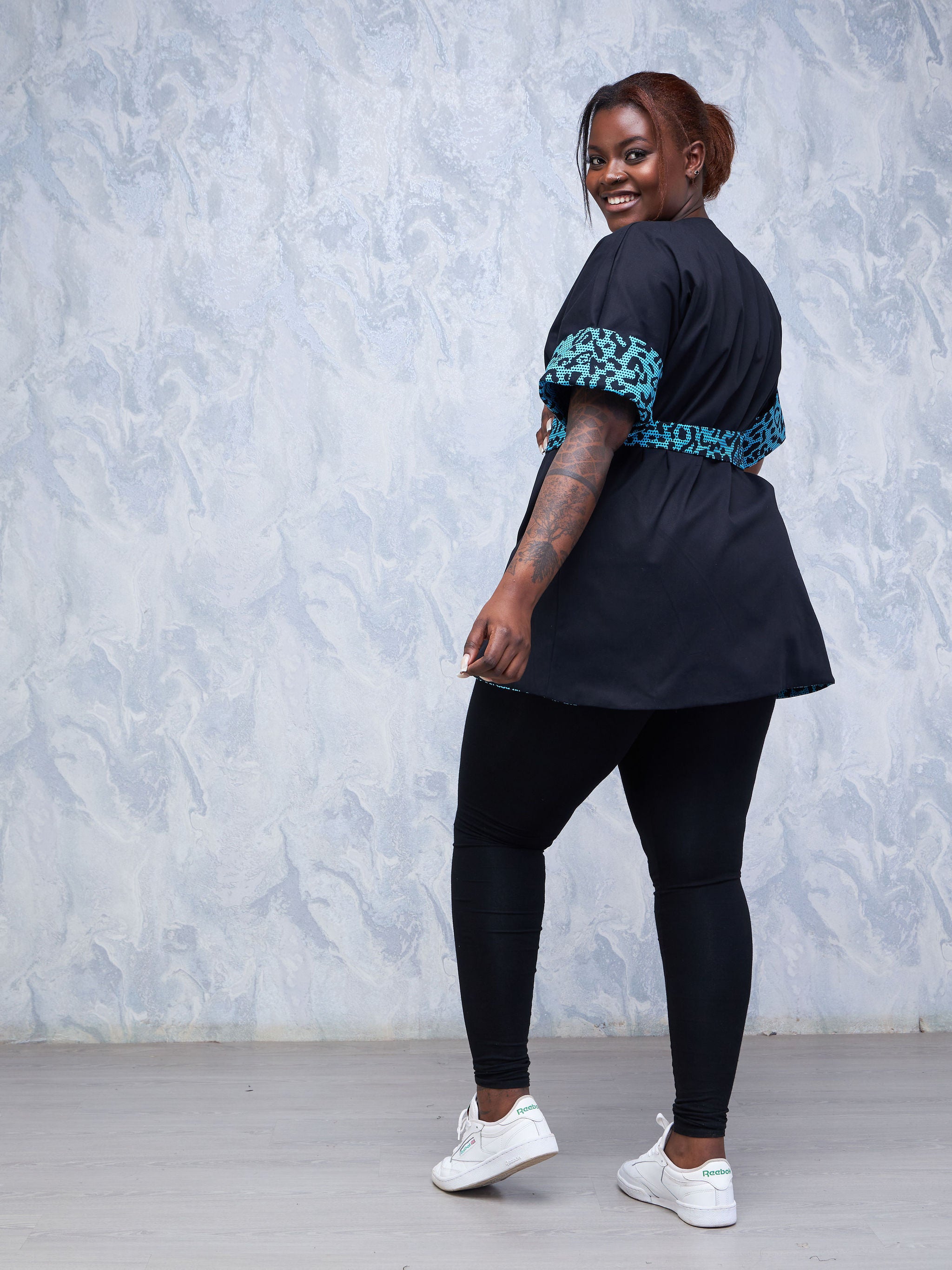 Safari Hawi 3/4 Sleeve Reversible Kimono - Blue / Black Ankara Print