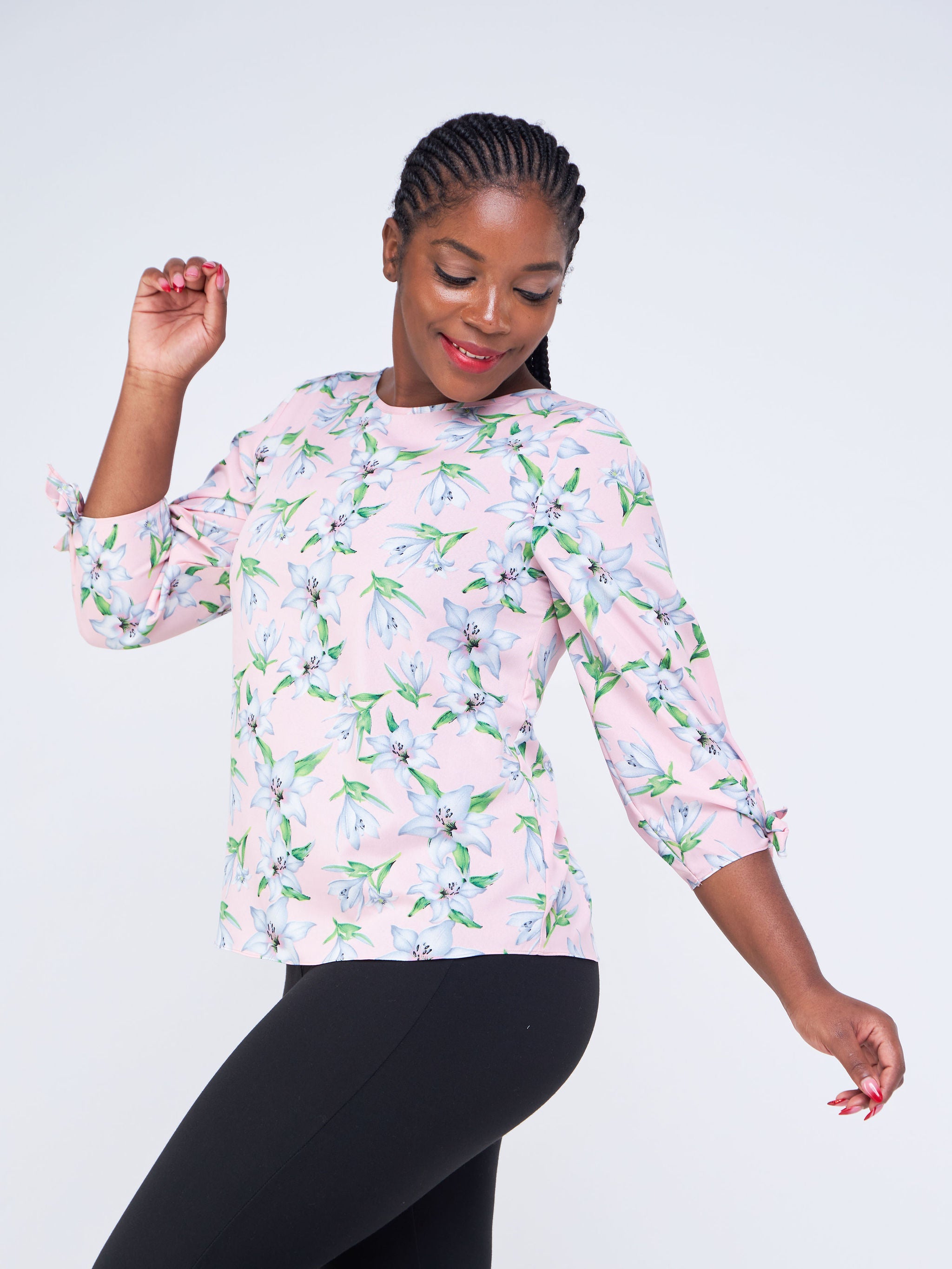 Vivo Furaha Tie Top - Peach / Grey Floral Print