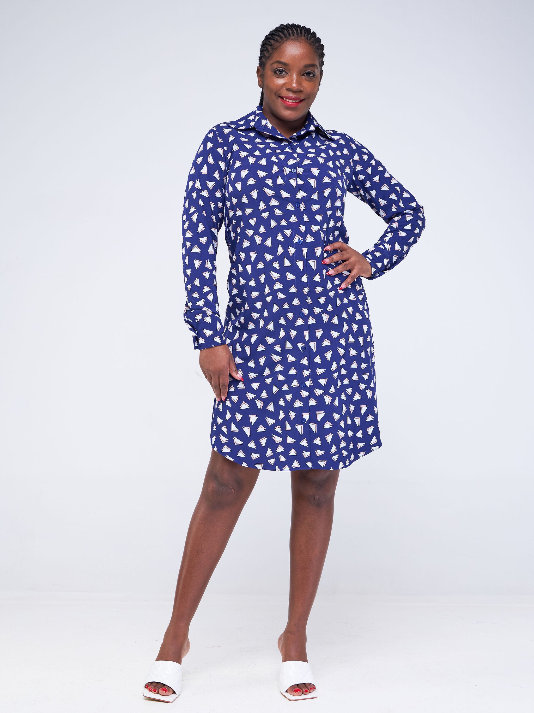 Vivo Basic Knee Length Shirt Dress - Navy Blue / White Geometric Print