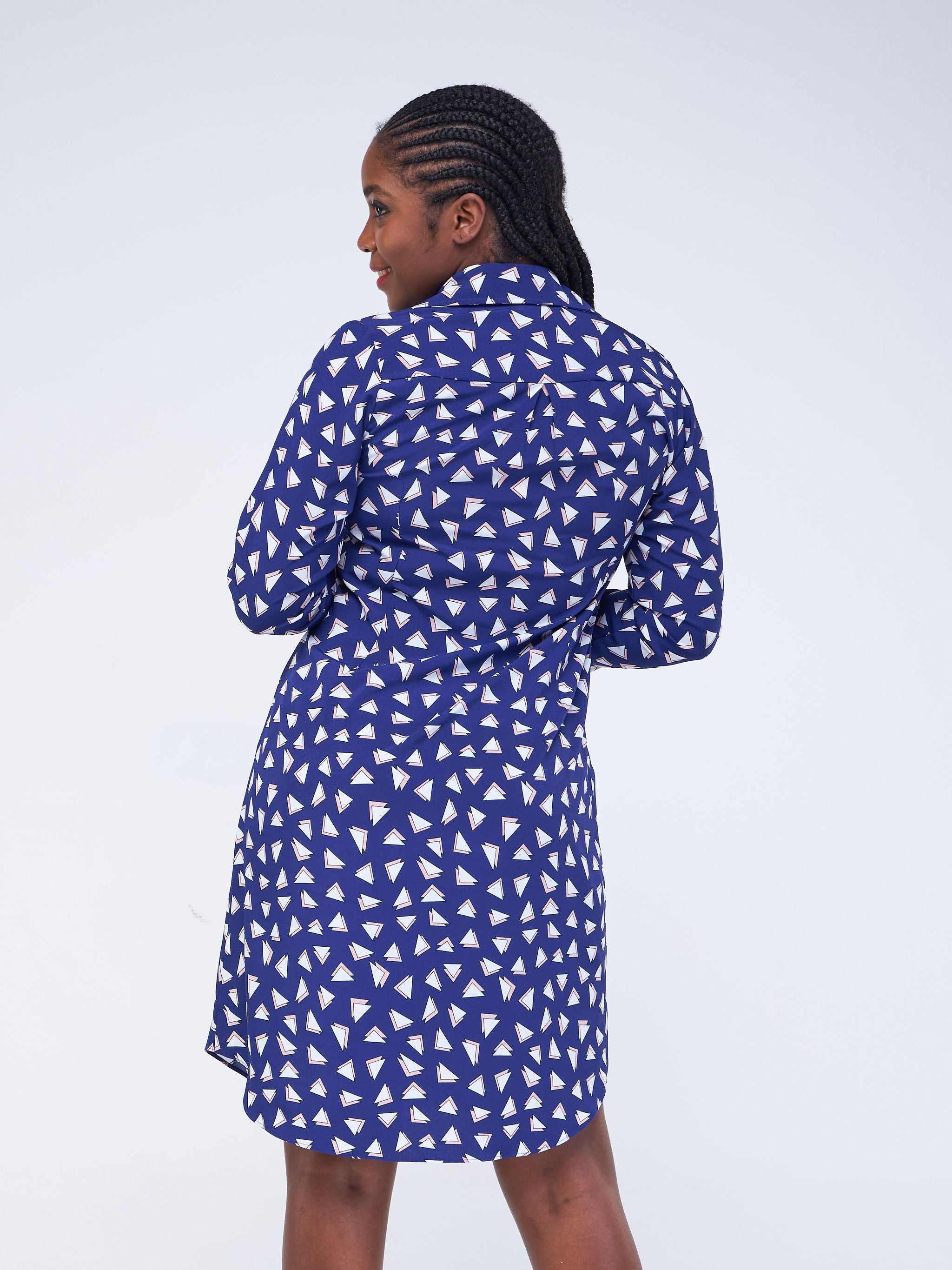 Vivo Basic Knee Length Shirt Dress - Navy Blue / White Geometric Print