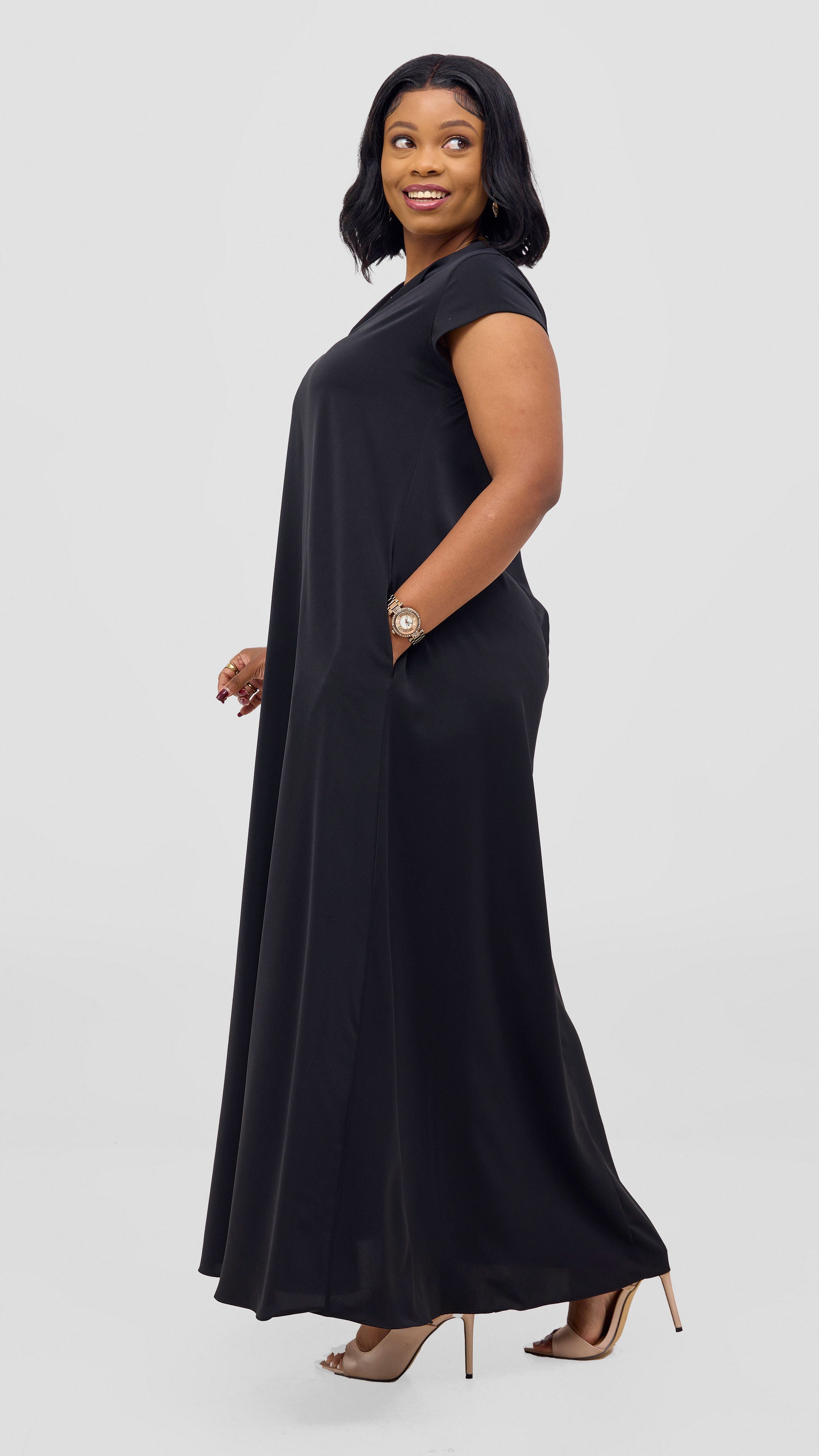 Vivo Zola V Neck Cap Sleeve Maxi Dress - Black