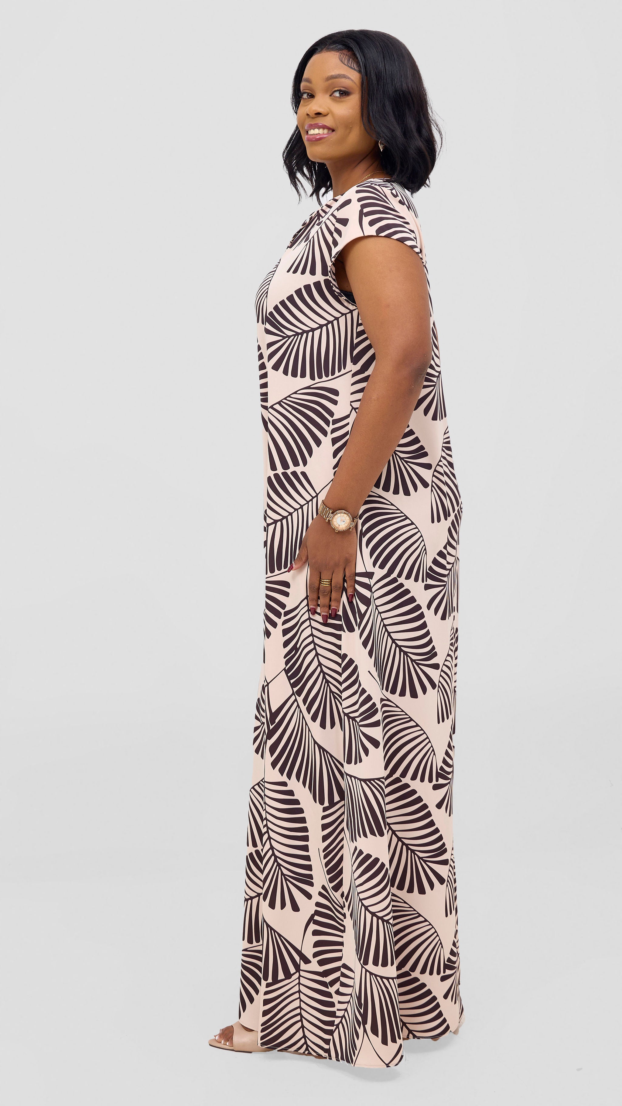 Vivo Zola V Neck Cap Sleeve Maxi Dress - Buttermilk / Chocolate Emin Print