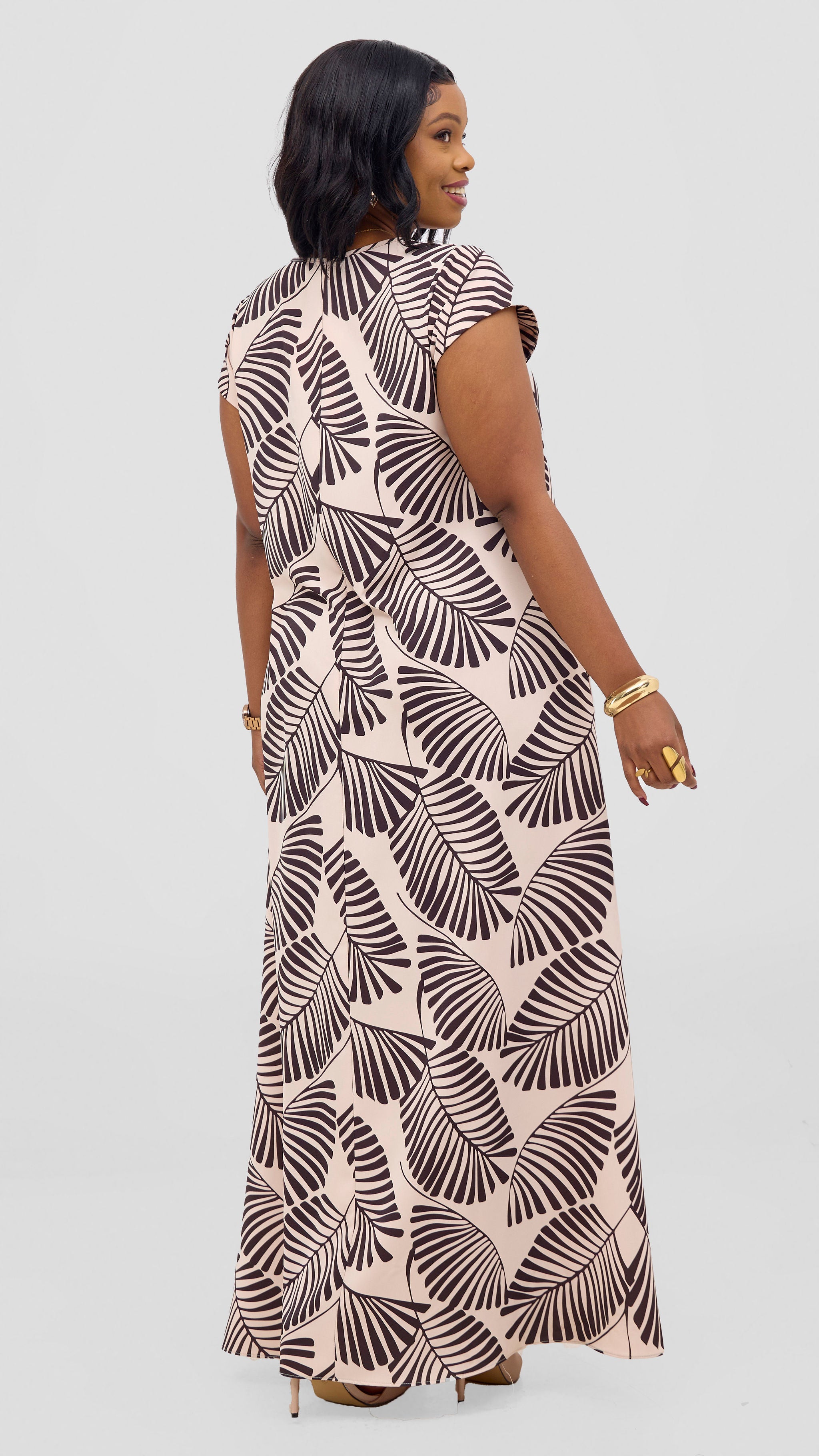 Vivo Zola V Neck Cap Sleeve Maxi Dress - Buttermilk / Chocolate Emin Print