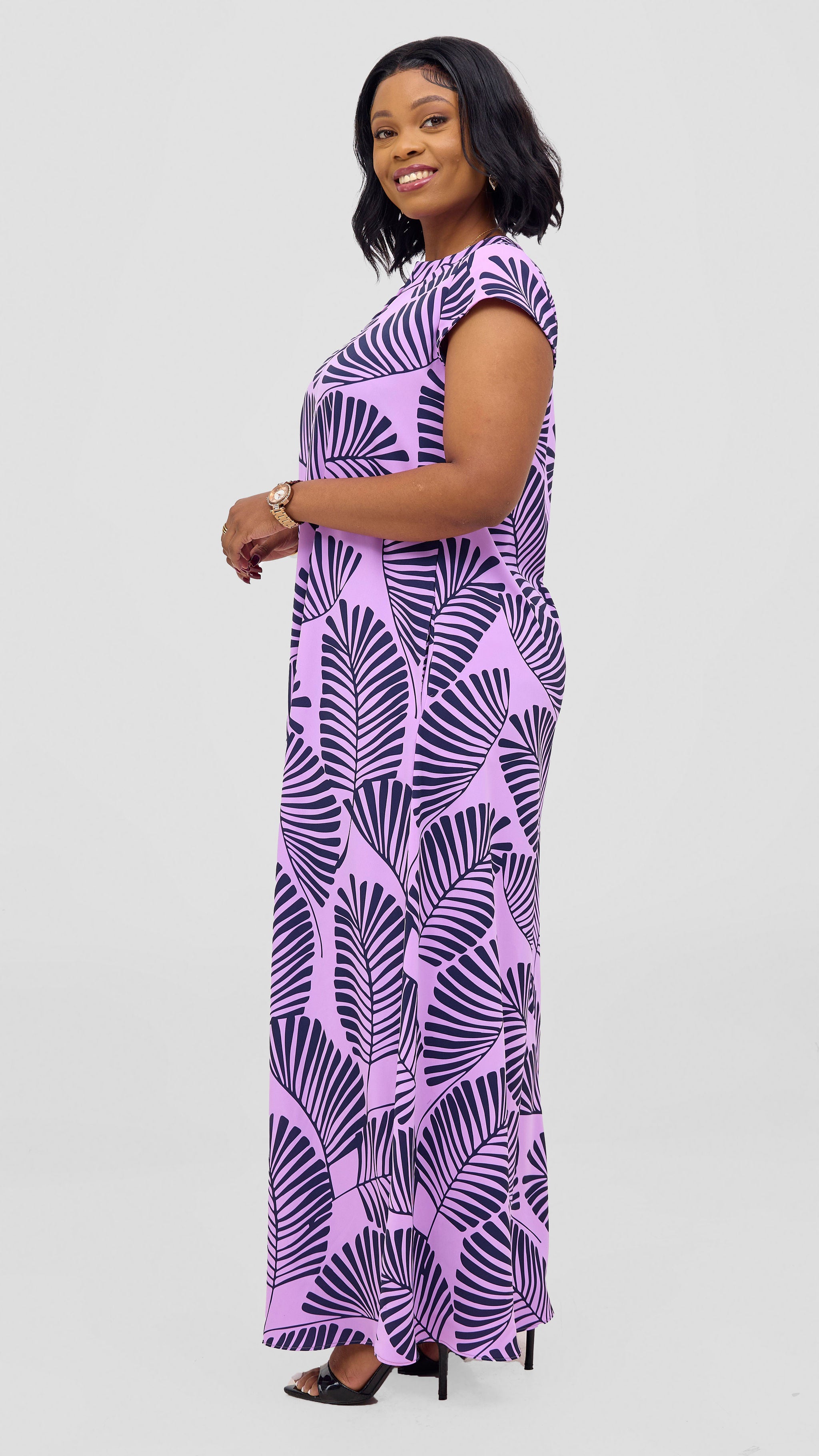Vivo Zola V Neck Cap Sleeve Maxi Dress - Lilac / Navy Emin Print