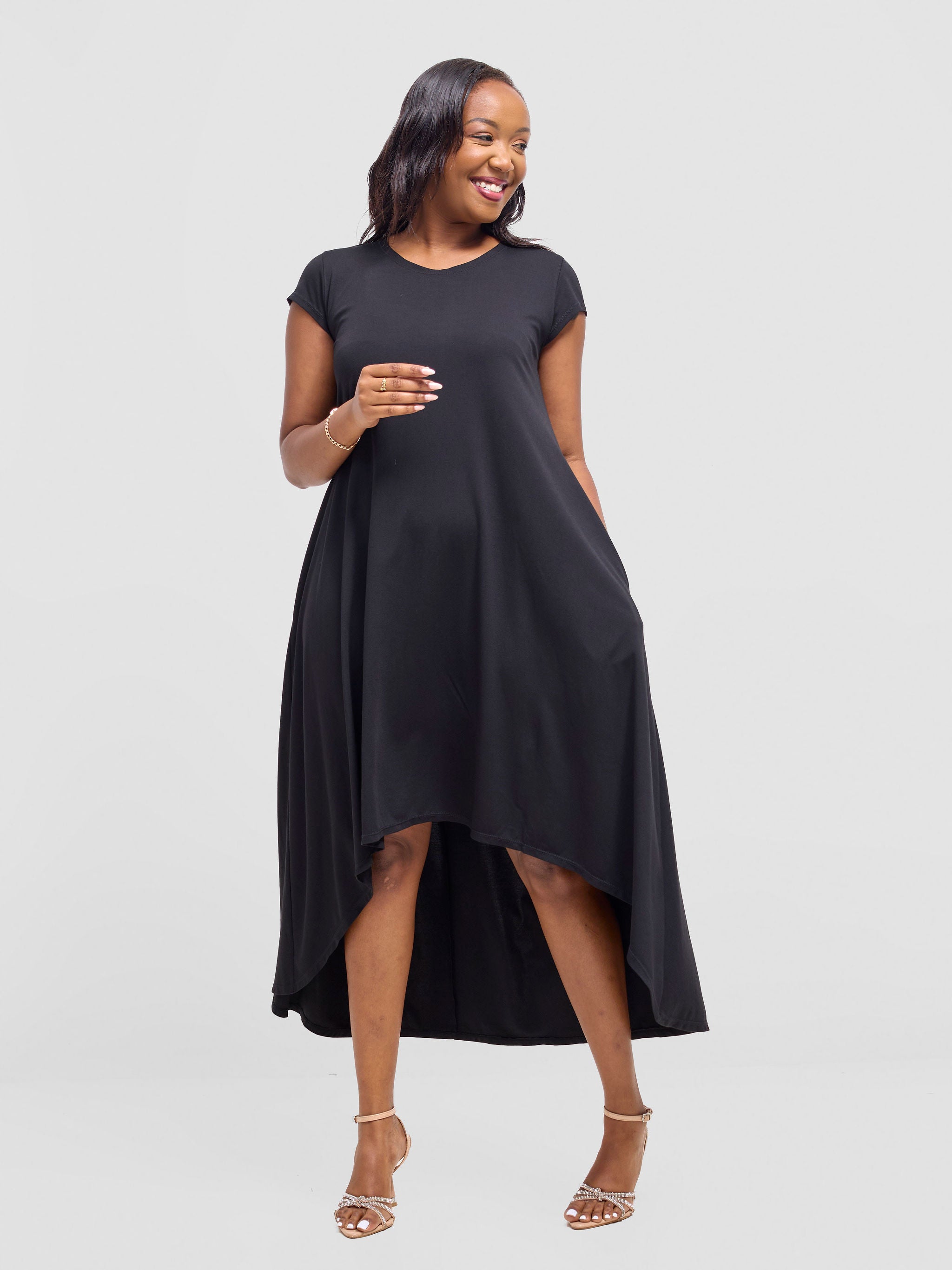 Vivo Ponte Back Pleat High Low Dress - Black