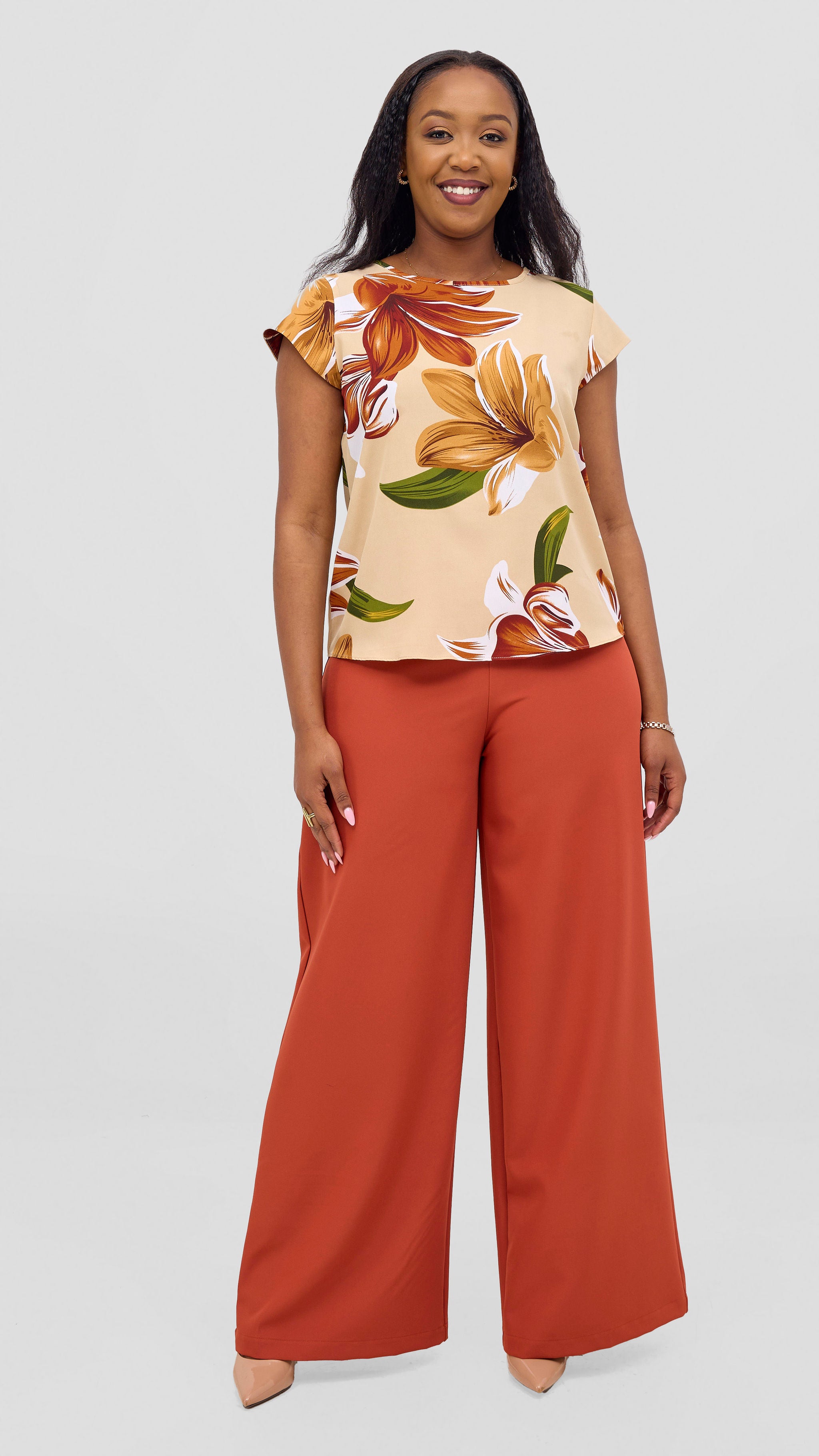 Vivo Basic Crepe Cap Sleeved Top - Green / Rust Print