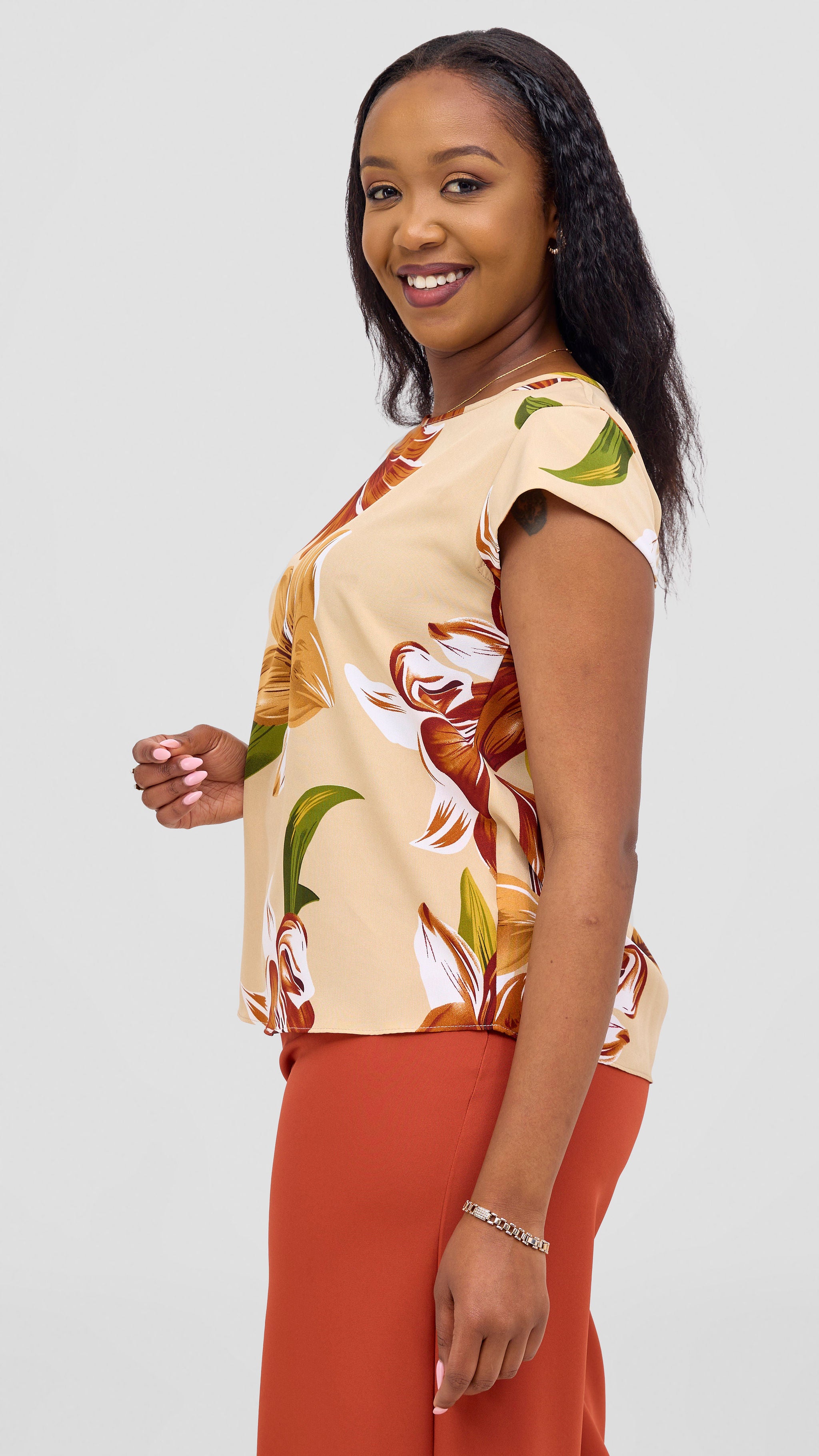 Vivo Basic Crepe Cap Sleeved Top - Green / Rust Print