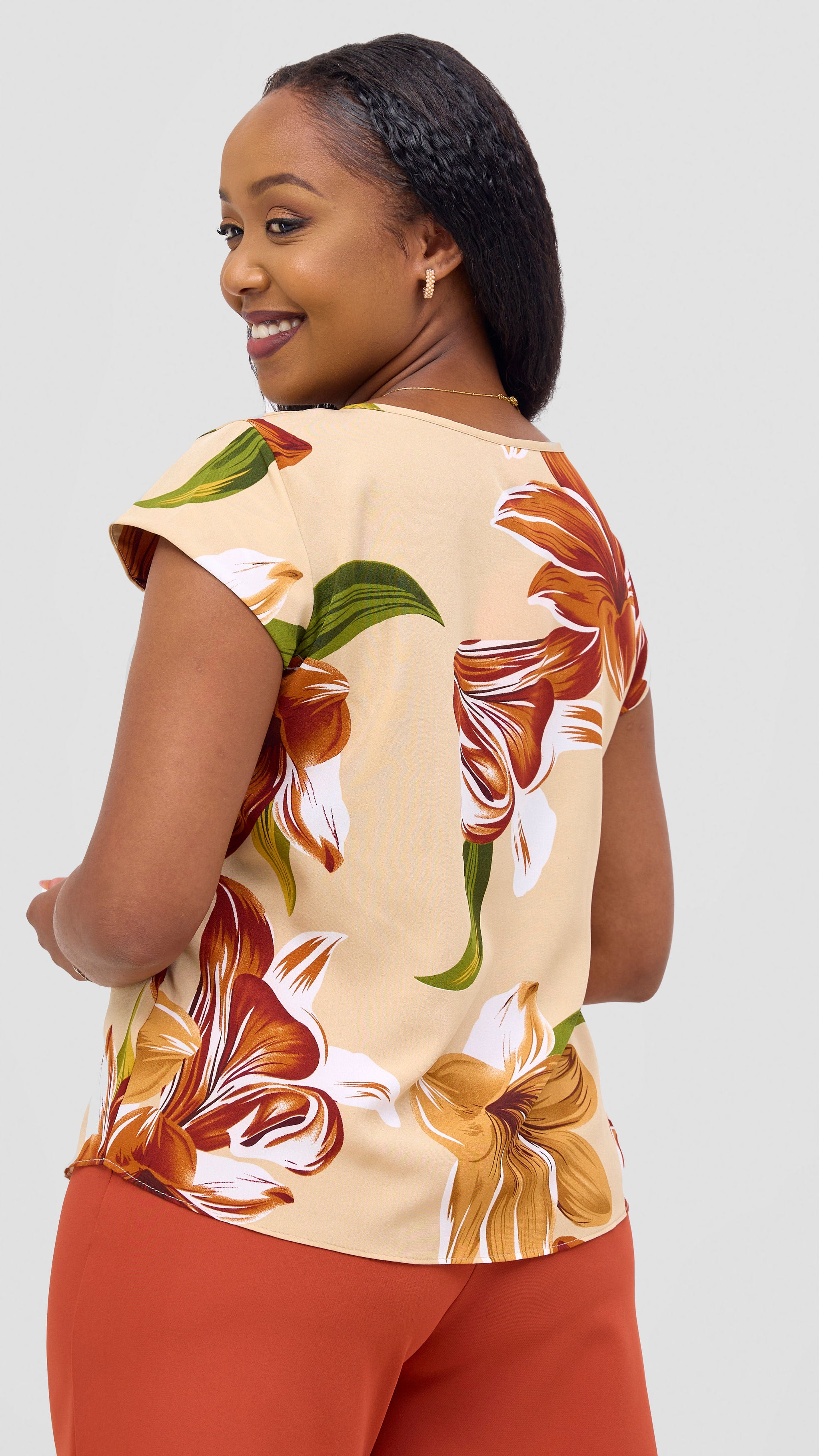 Vivo Basic Crepe Cap Sleeved Top - Green / Rust Print