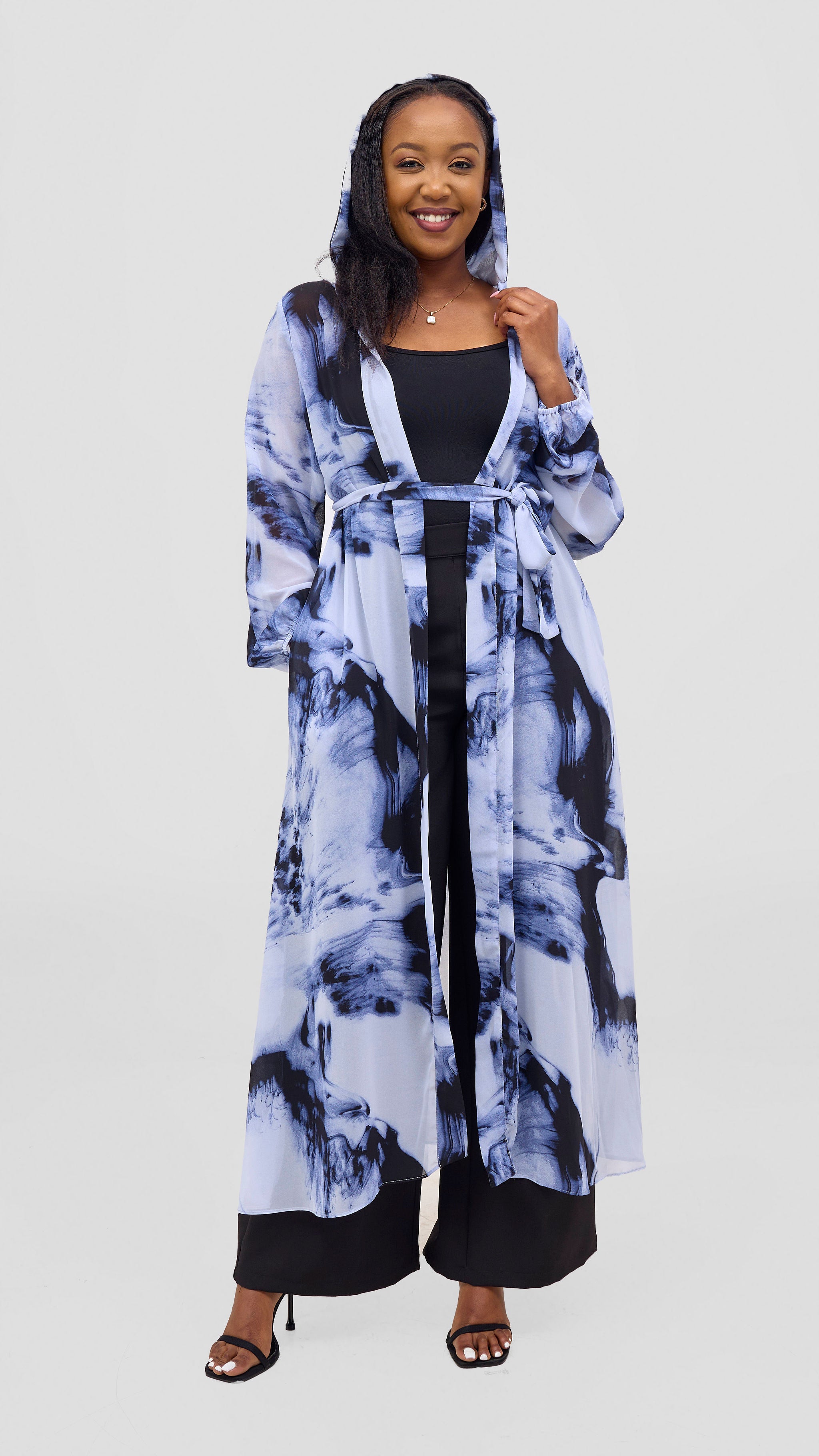 Vivo Basic Hooded Kimono - Black / Blue Print