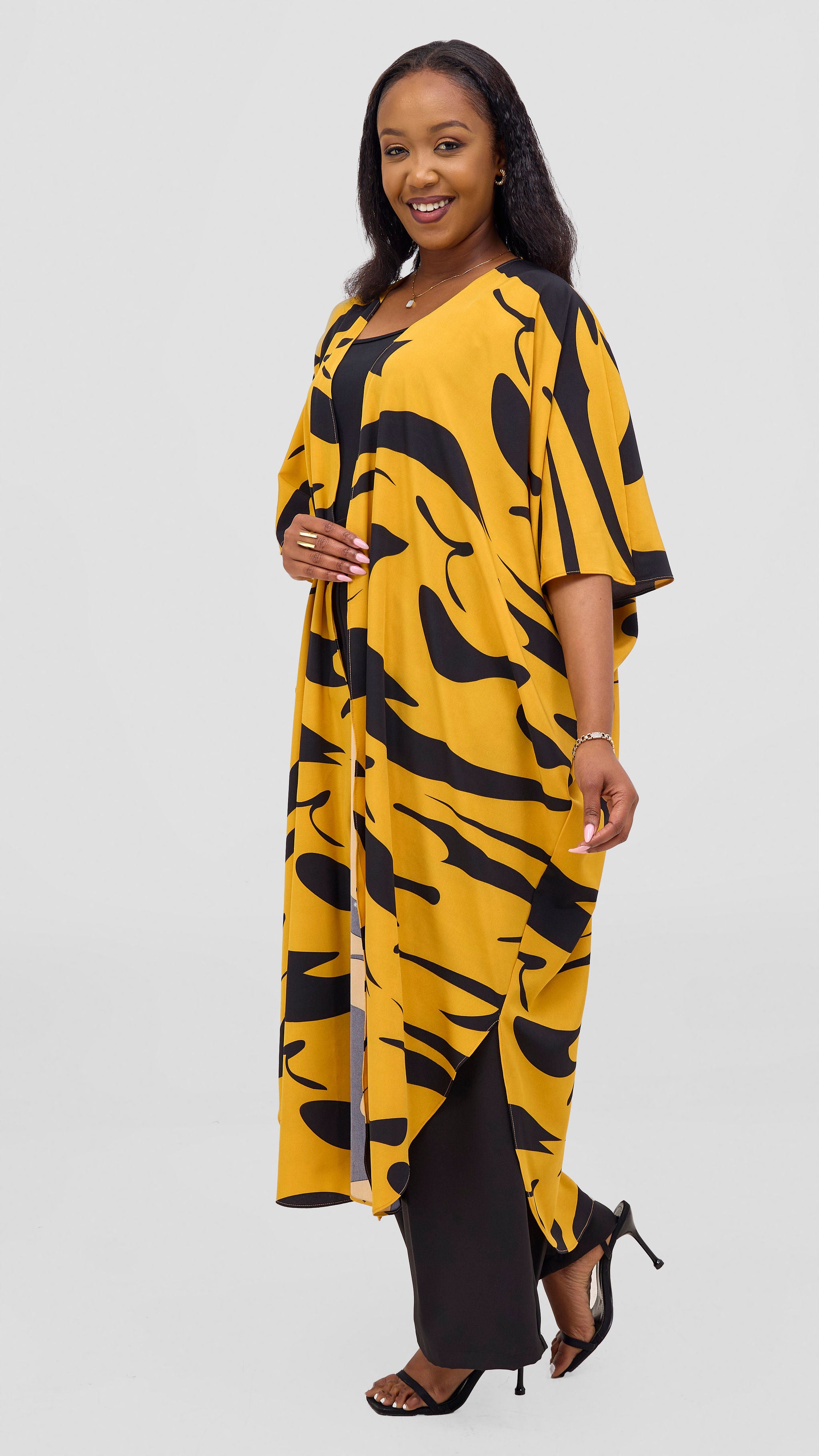 Vivo Basic Open Kaftan - Mustard / Black Print