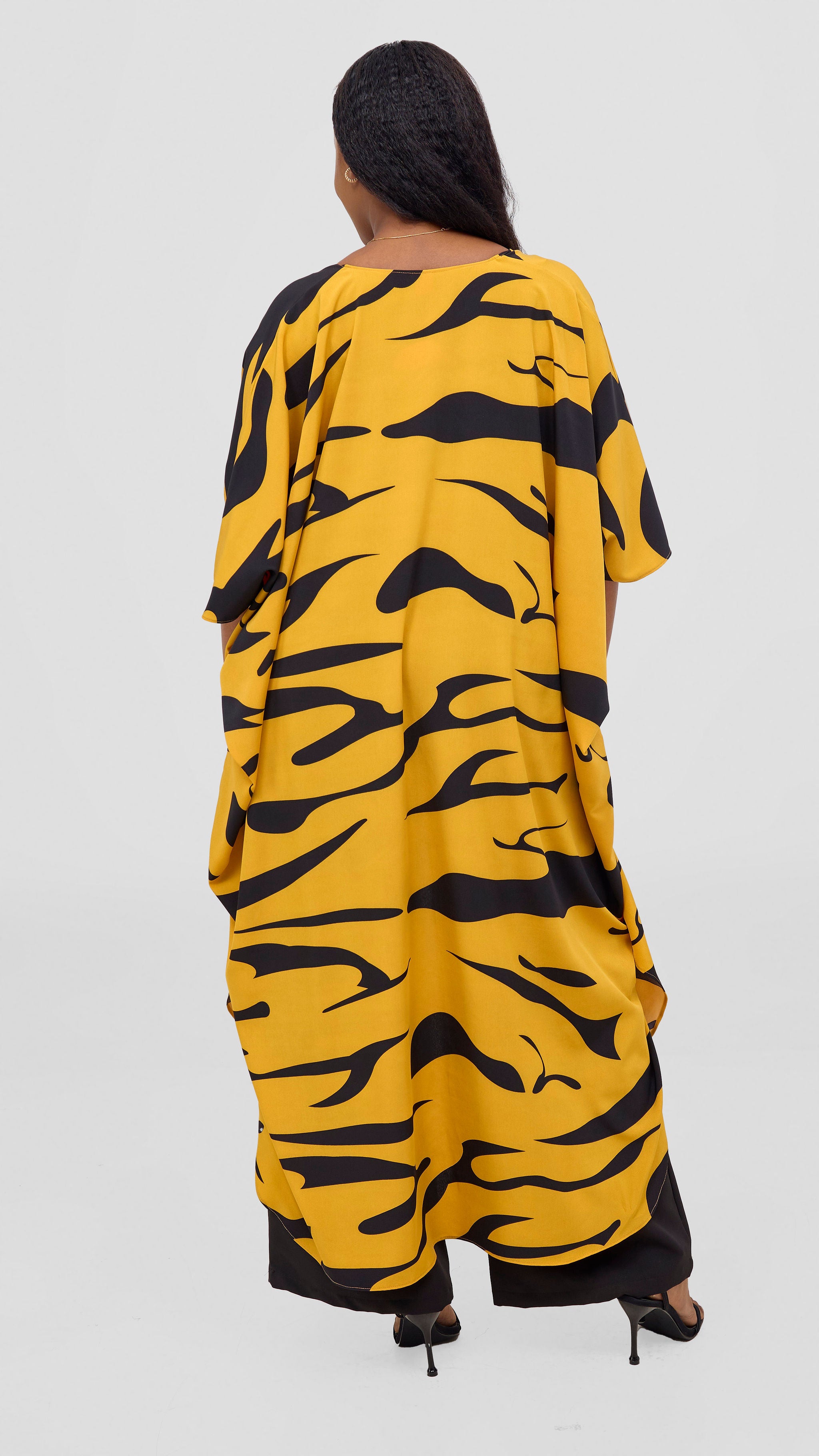 Vivo Basic Open Kaftan - Mustard / Black Print
