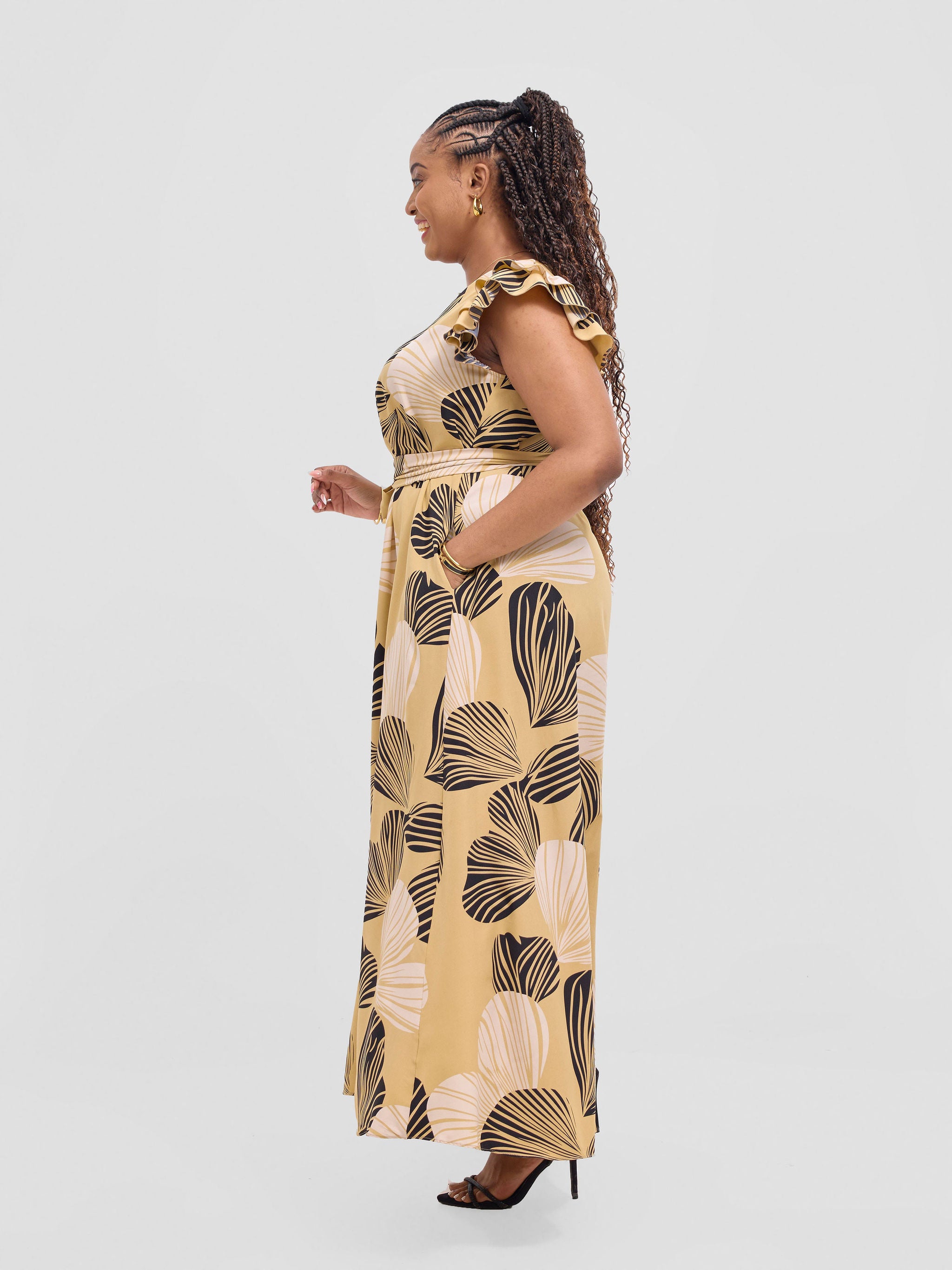 Vivo Nasinka A-line Maxi Dress - Beige / Black Nama Print
