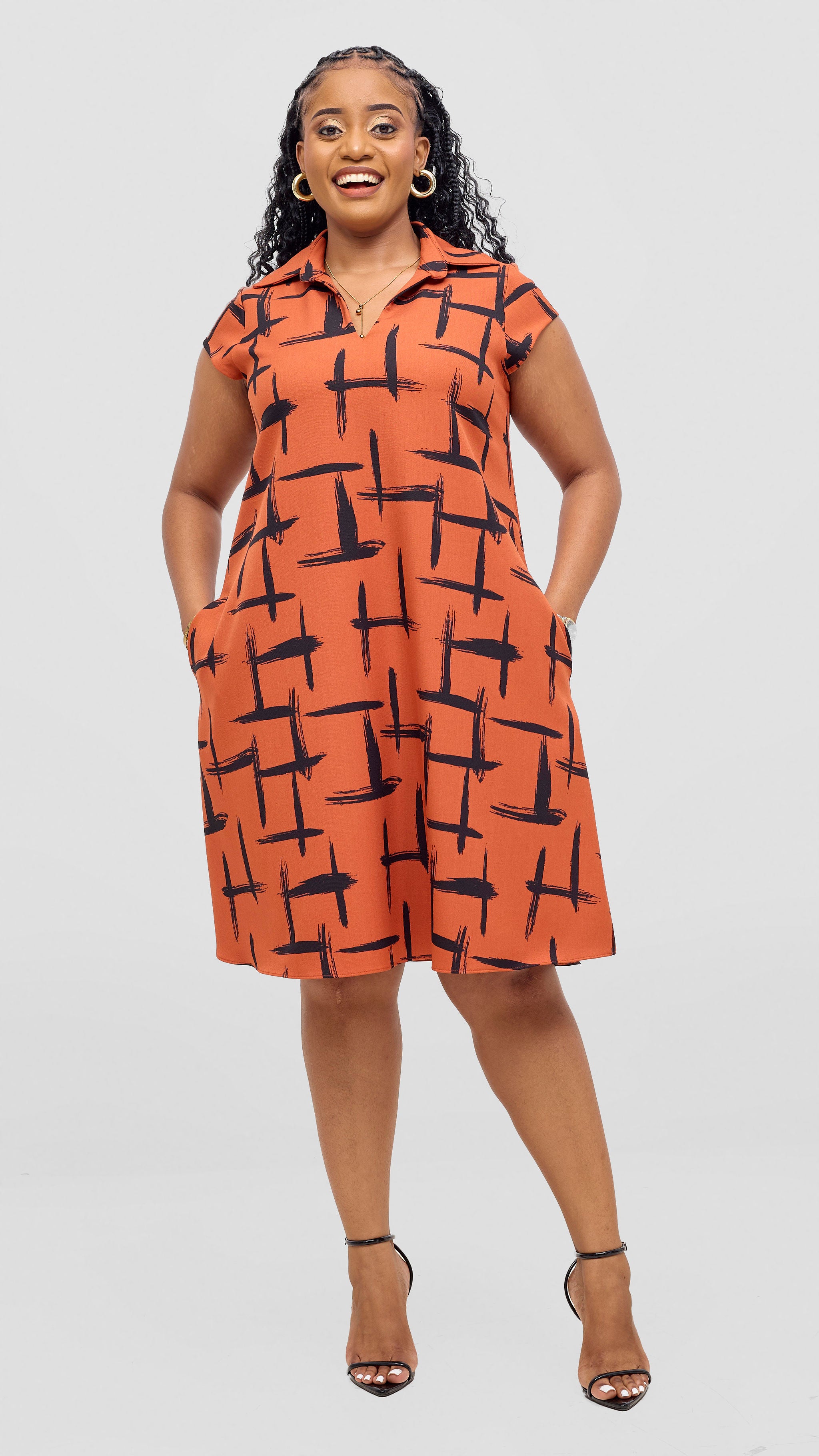 Vivo Mandla Tent Dress - Rust / Black Seka Print