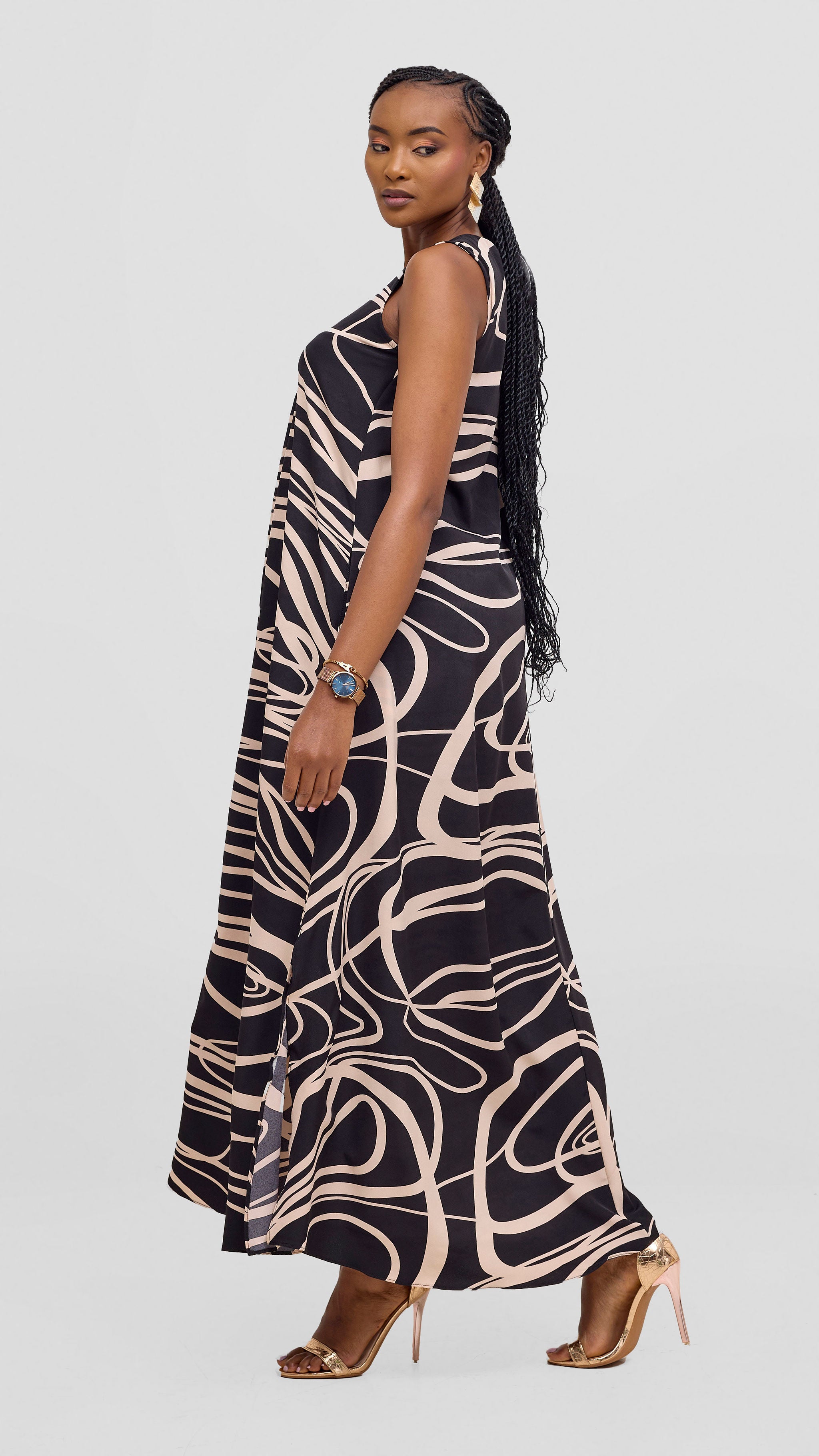 Vivo Ava Front Pleat Maxi Dress - Black / Peach Print