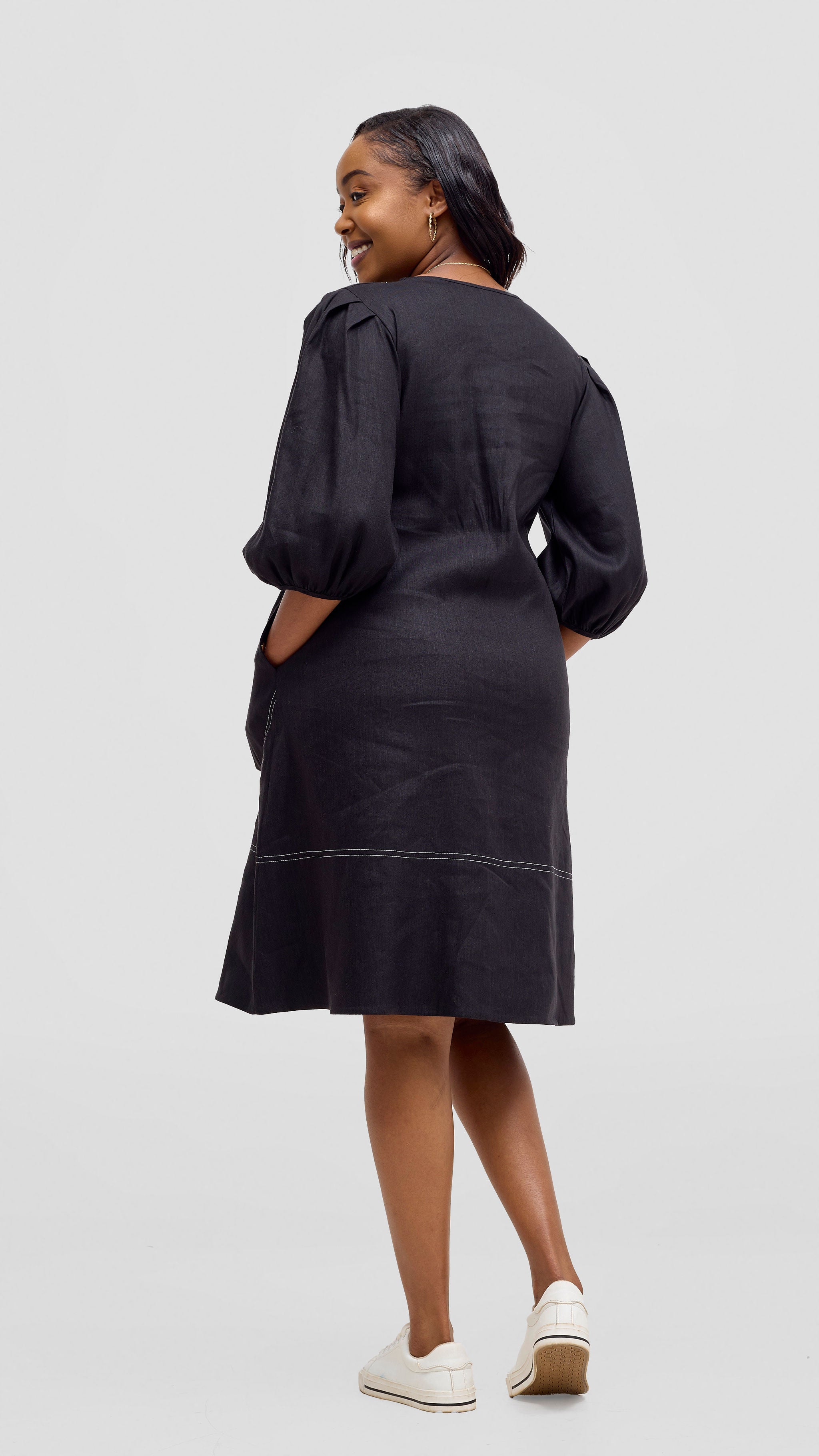 Vivo Seli Bishop Sleeve Knee Length Dress - Black