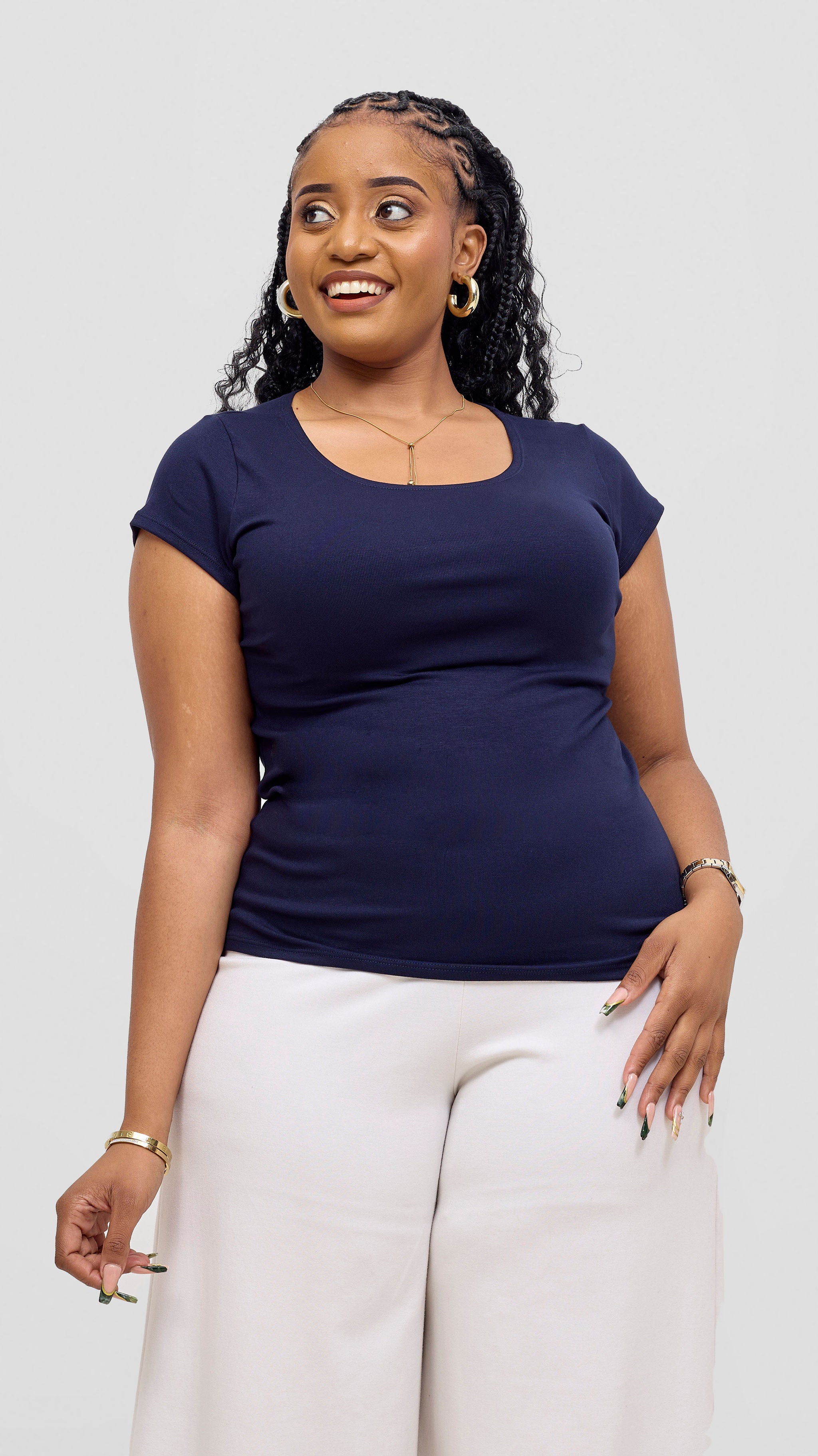 Vivo Basic Val Cap Sleeve Top - Navy Blue