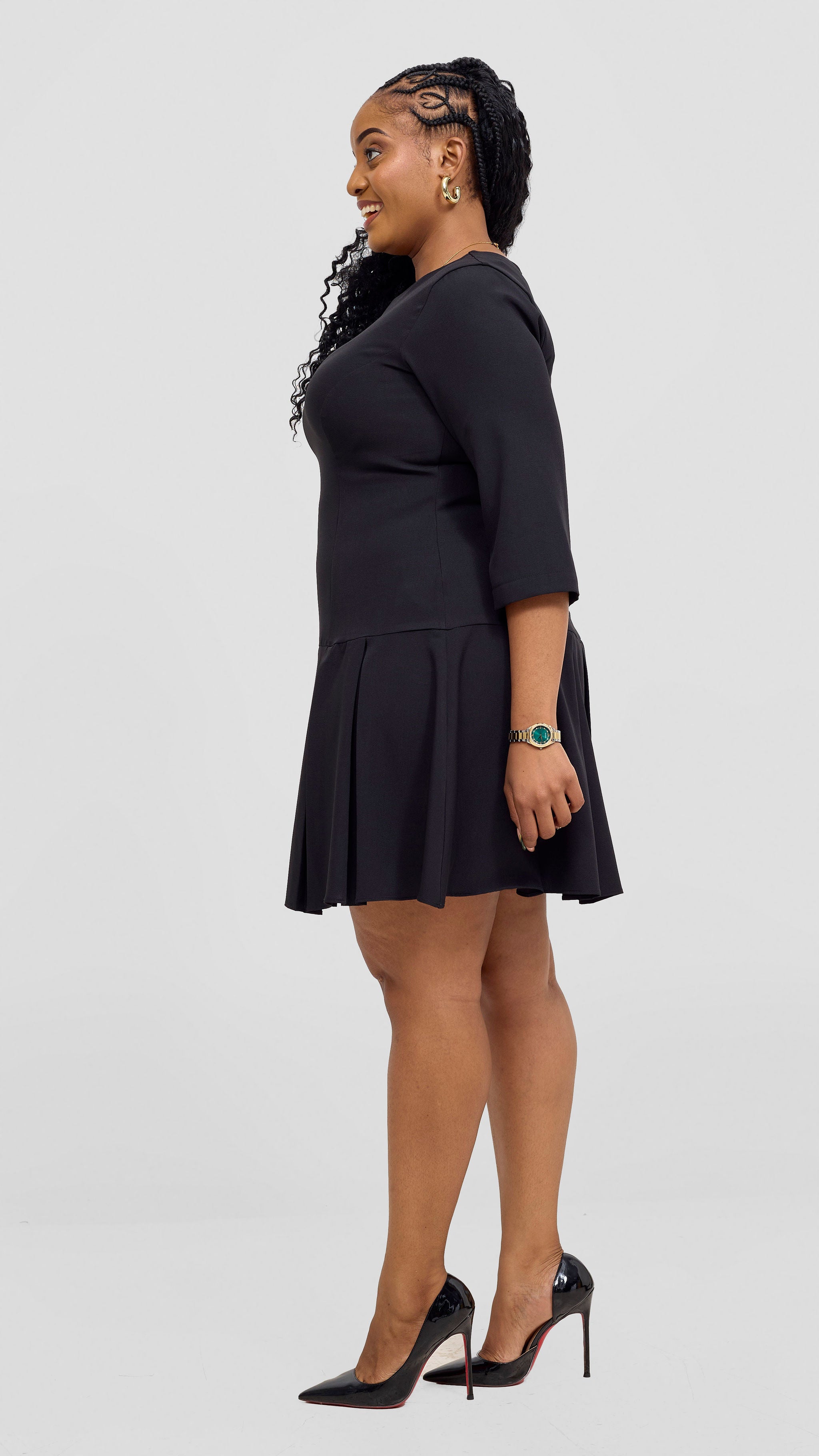Vivo Diella 3/4 Sleeve Pleated Dress  - Black
