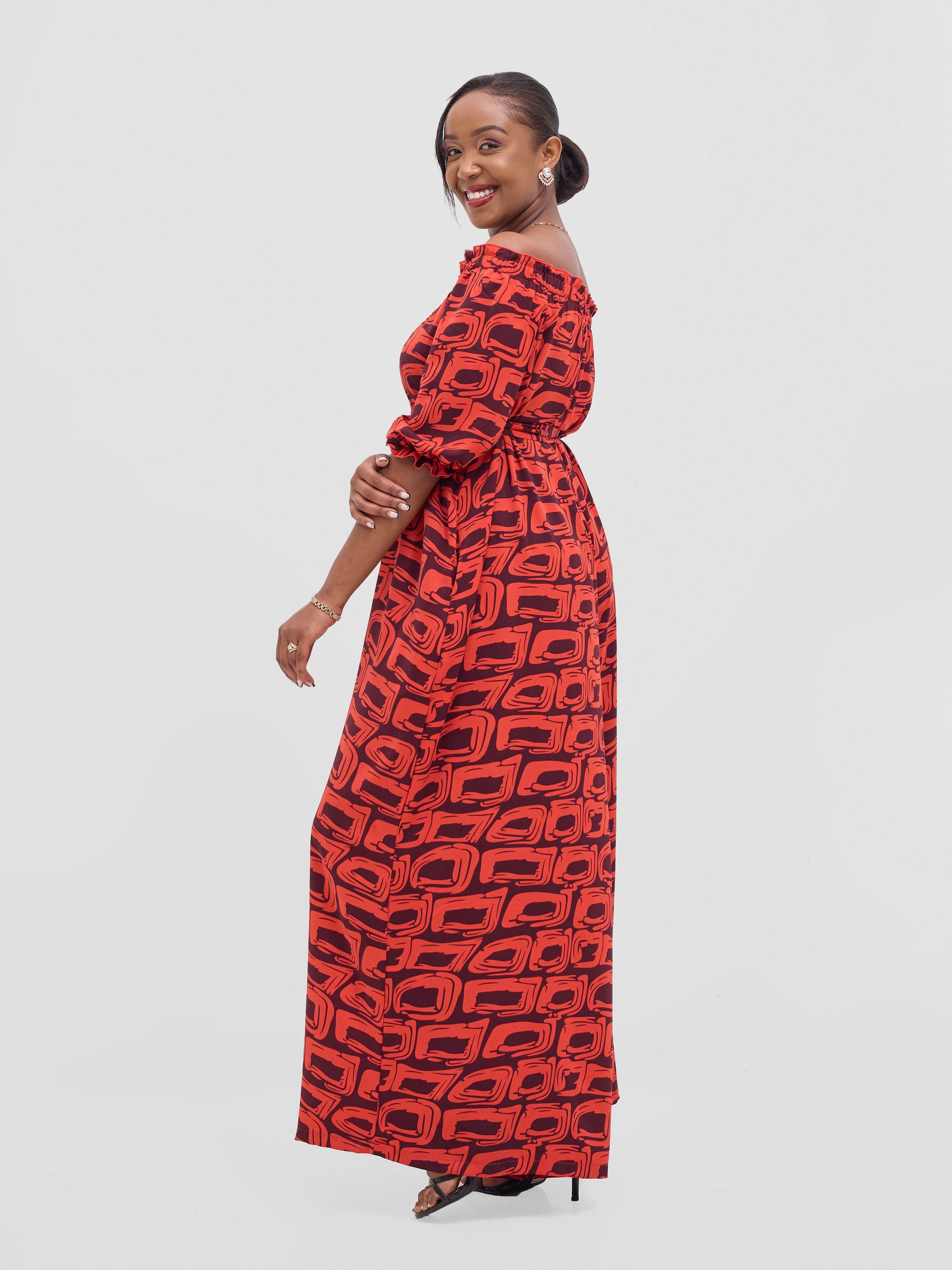 Vivo Ayla Off-Shoulder Jumpsuit -Orange / Burgundy Umbo Print