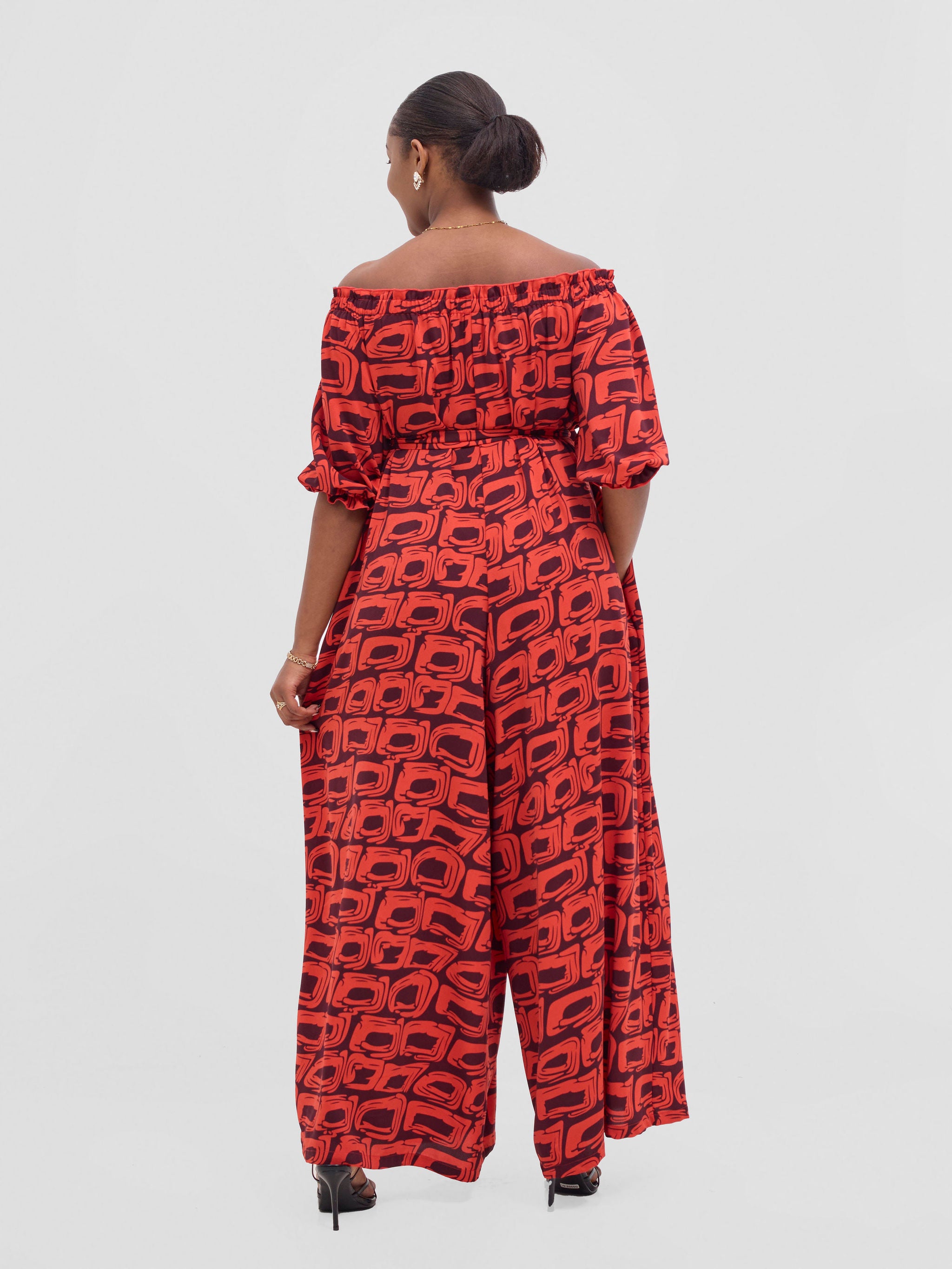 Vivo Ayla Off-Shoulder Jumpsuit -Orange / Burgundy Umbo Print