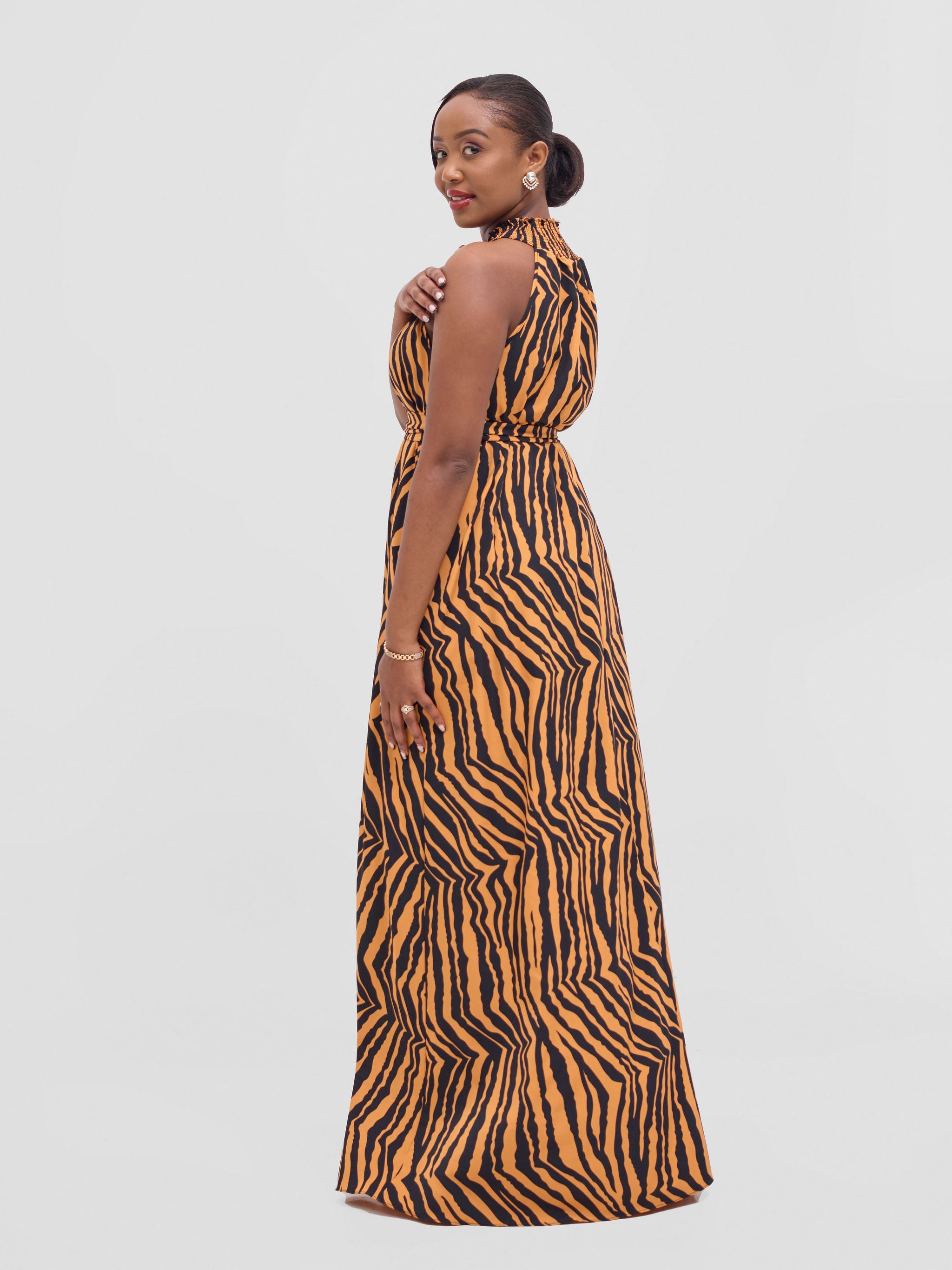 Vivo Alek Halter Neck Maxi Dress - Orange / Black Mistari Print